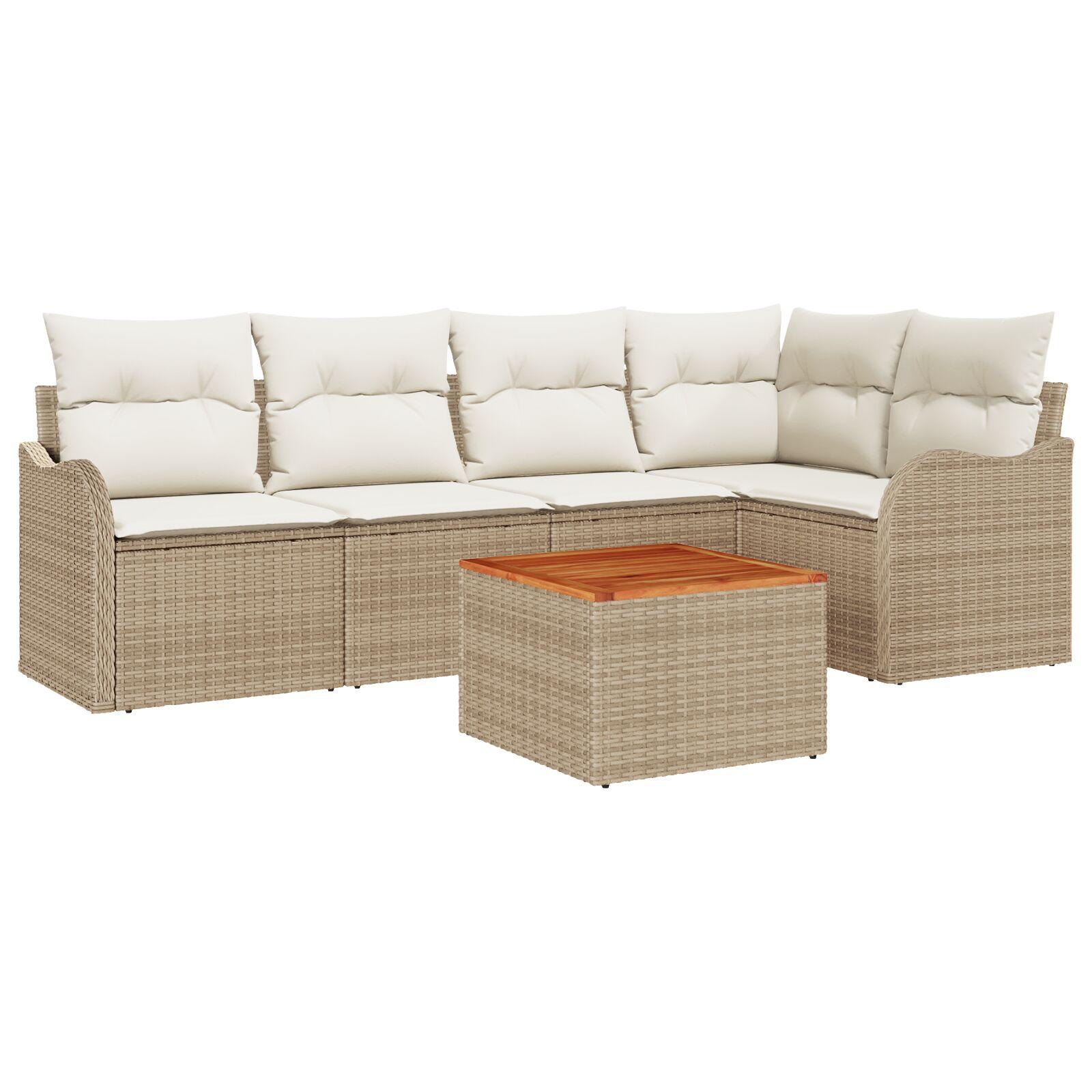 6 Delers Have Sofa Sæt med Puder Beige Poly Rattan Akacia,  2-Sæders Have Sofa med Puder Beige Poly Rattan