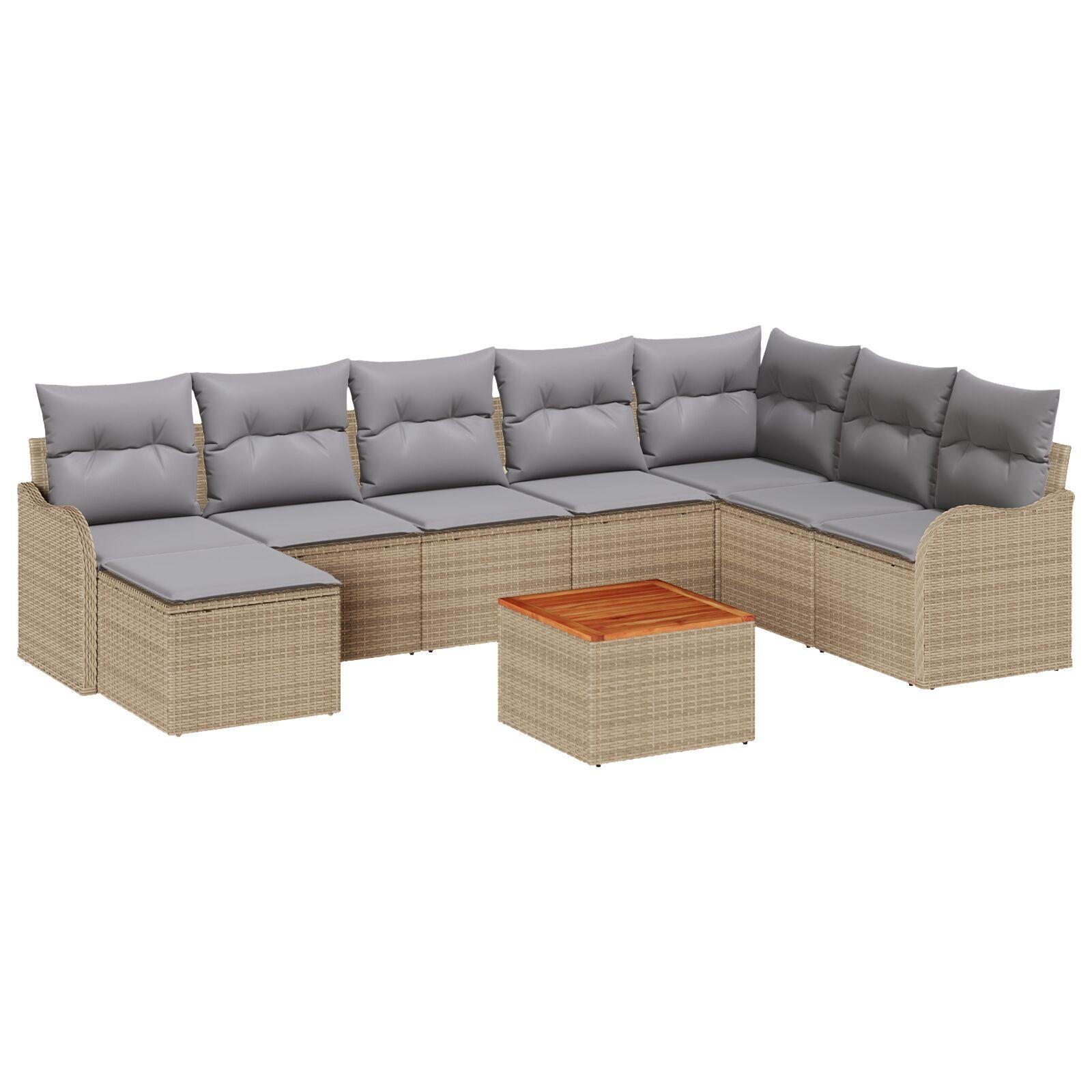 9 Stk Have Sofa Sæt med Puder Beige Poly Rattan Akacie,  2-personers Have Sofa med Puder Beige Poly Rattan