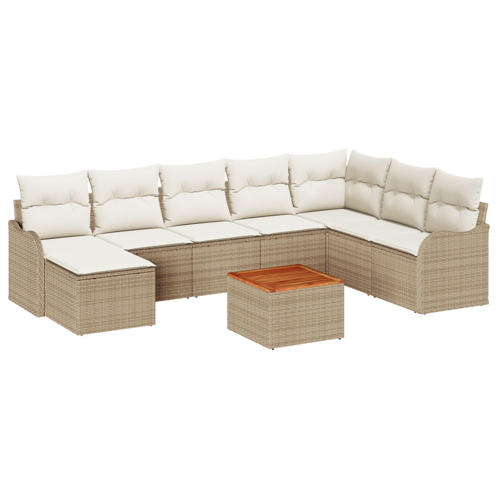 9 Stykker Have Sofa Sæt med Puder Beige Polyrattan Acacia,  2-personers Have Sofa med Puder Beige Polyrattan