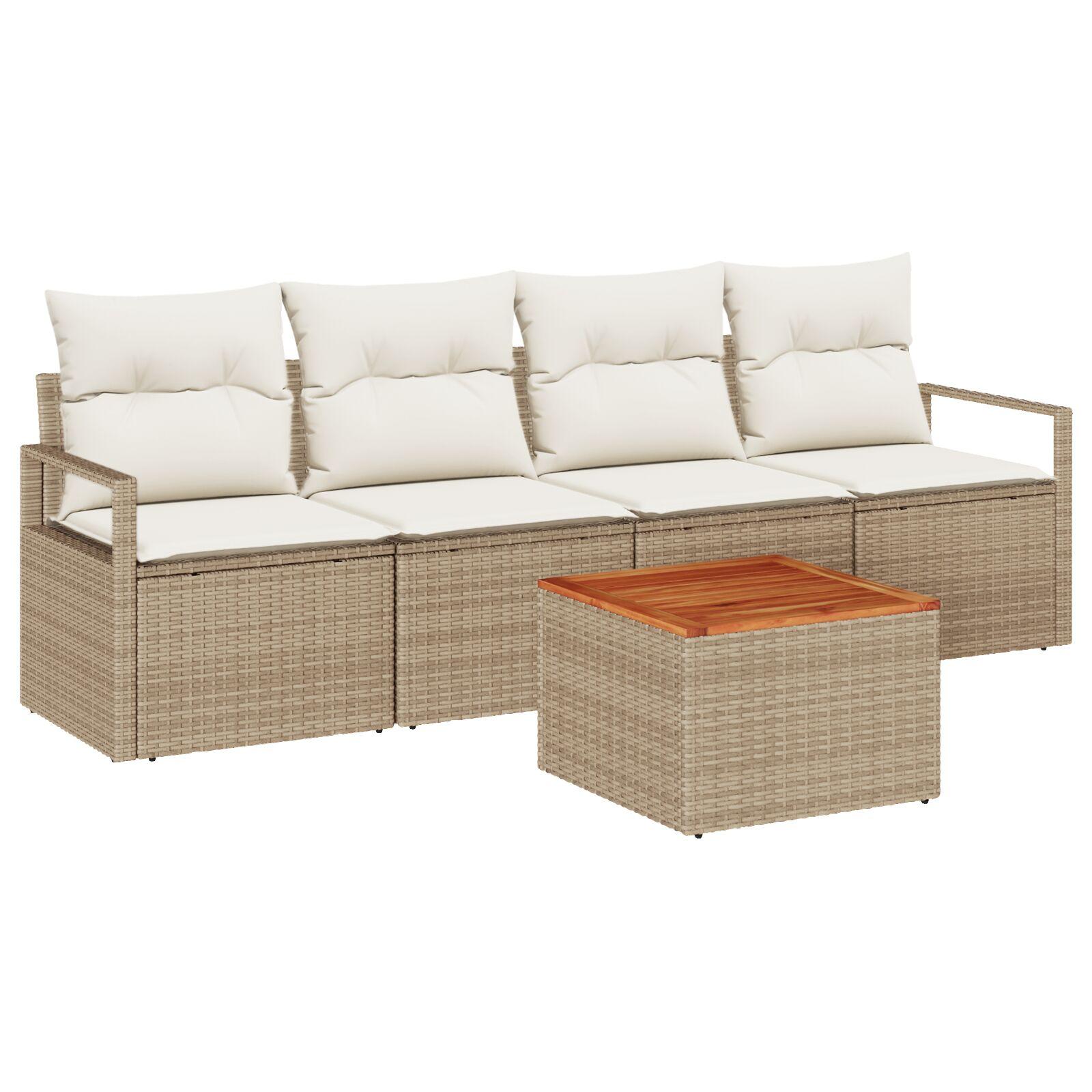 5 Delt Have Sofa Sæt med Puder Beige Poly Rattan Akacie,  2-Personers Have Sofa med Puder Beige Poly Rattan