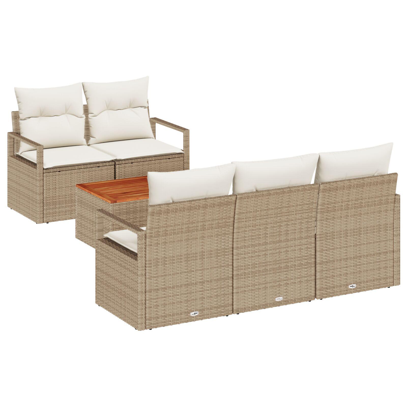 6 Stk Have Sofa Set med Hynder Beige Poly Rattan Akacia,  2-Sæders Have Sofa med Hynder Beige Poly Rattan