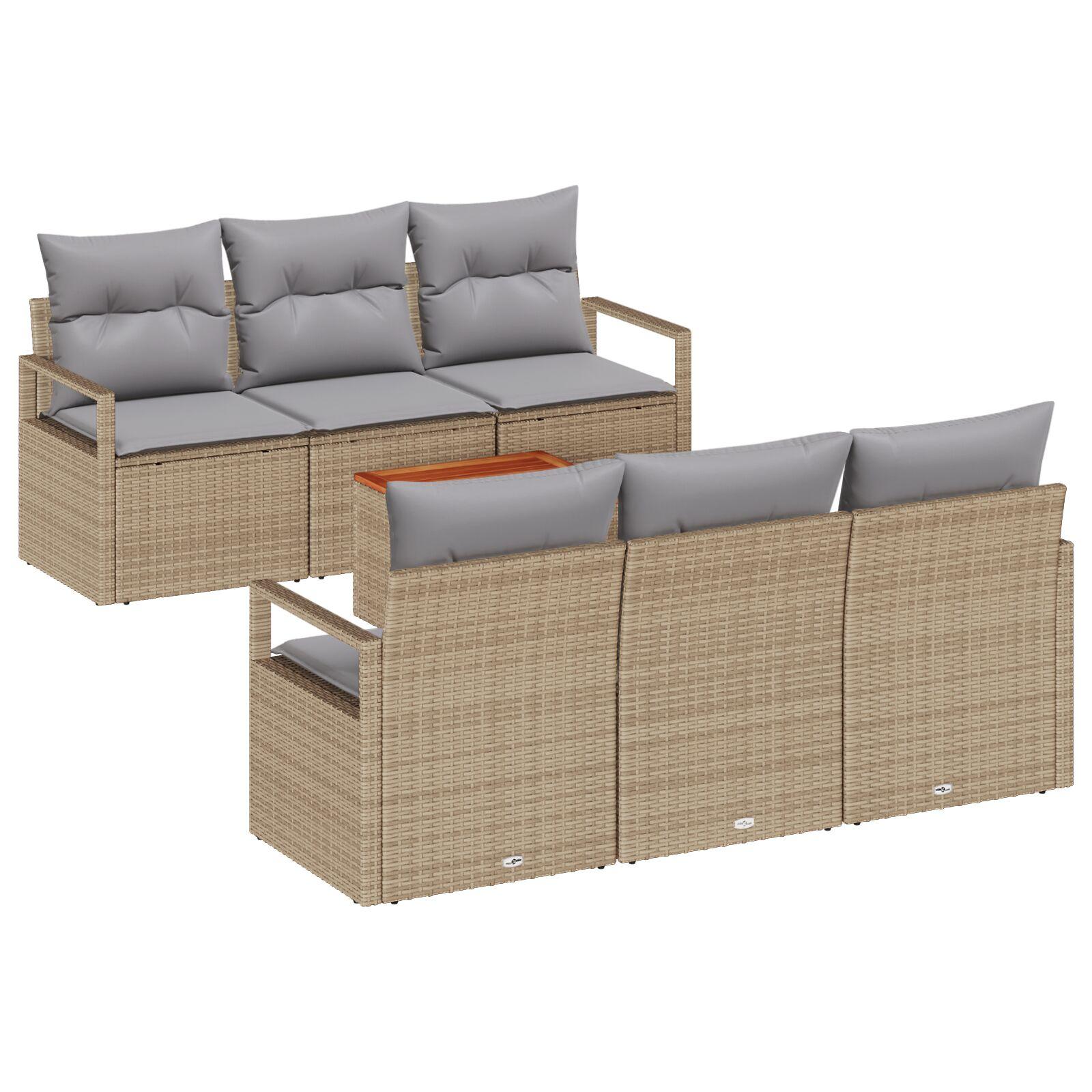 7 Stykke Have Sofa Sæt med Puder Beige Poly Rattan Akacietræ,  2-Sæders Have Sofa med Puder Beige Poly Rattan