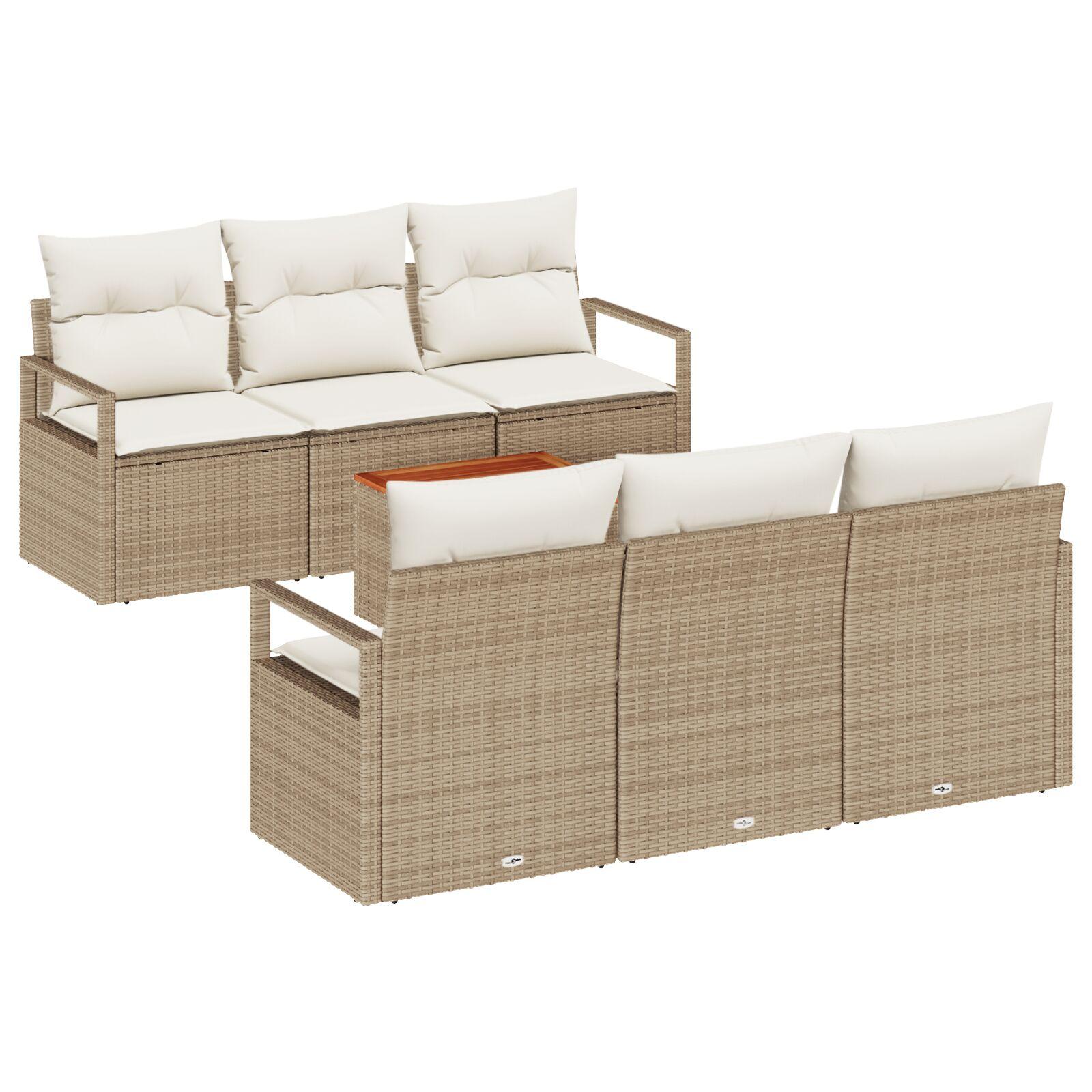 7-delt have sofasæt med puder beige poly rattan akacietræ,  2-personers have sofa med puder beige poly rattan