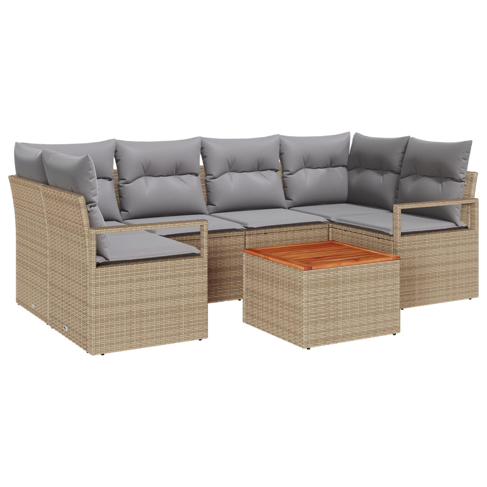 7 Deles Have Sofagruppe med Puder Beige Poly Rattan Akacia,  2-personers Have Sofa med Puder Beige Poly Rattan