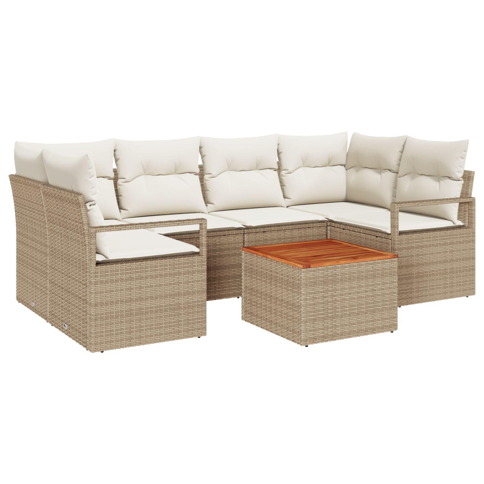 7 Deles Have Sofa Sæt med Puder Beige Poly Rattan Akacia,  2-sæders Have Sofa med Puder Beige Poly Rattan