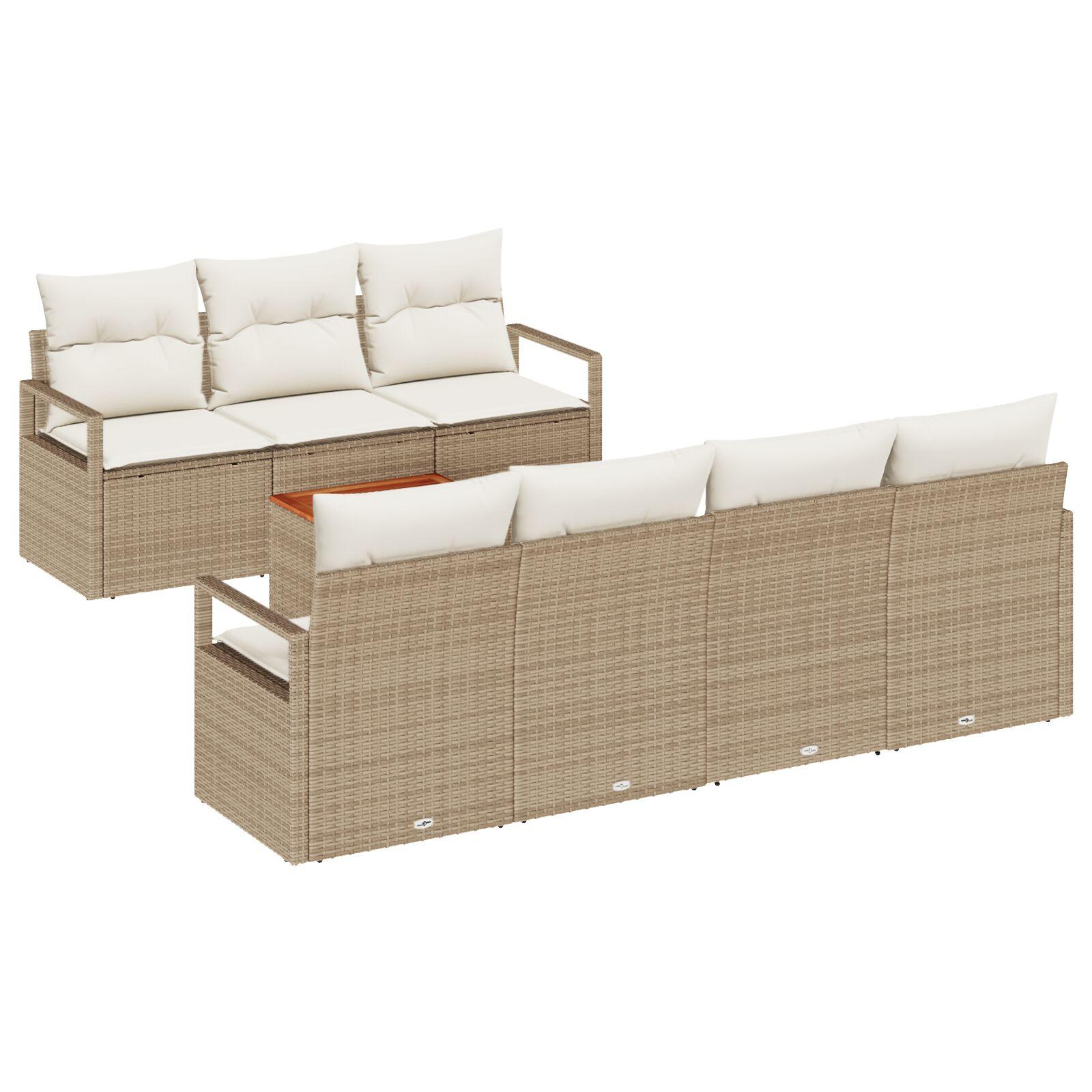 8 Stykker Have Sofa Sæt med Puder Beige Poly Rattan Akacietræ,  2-personers Have Sofa med Puder Beige Poly Rattan