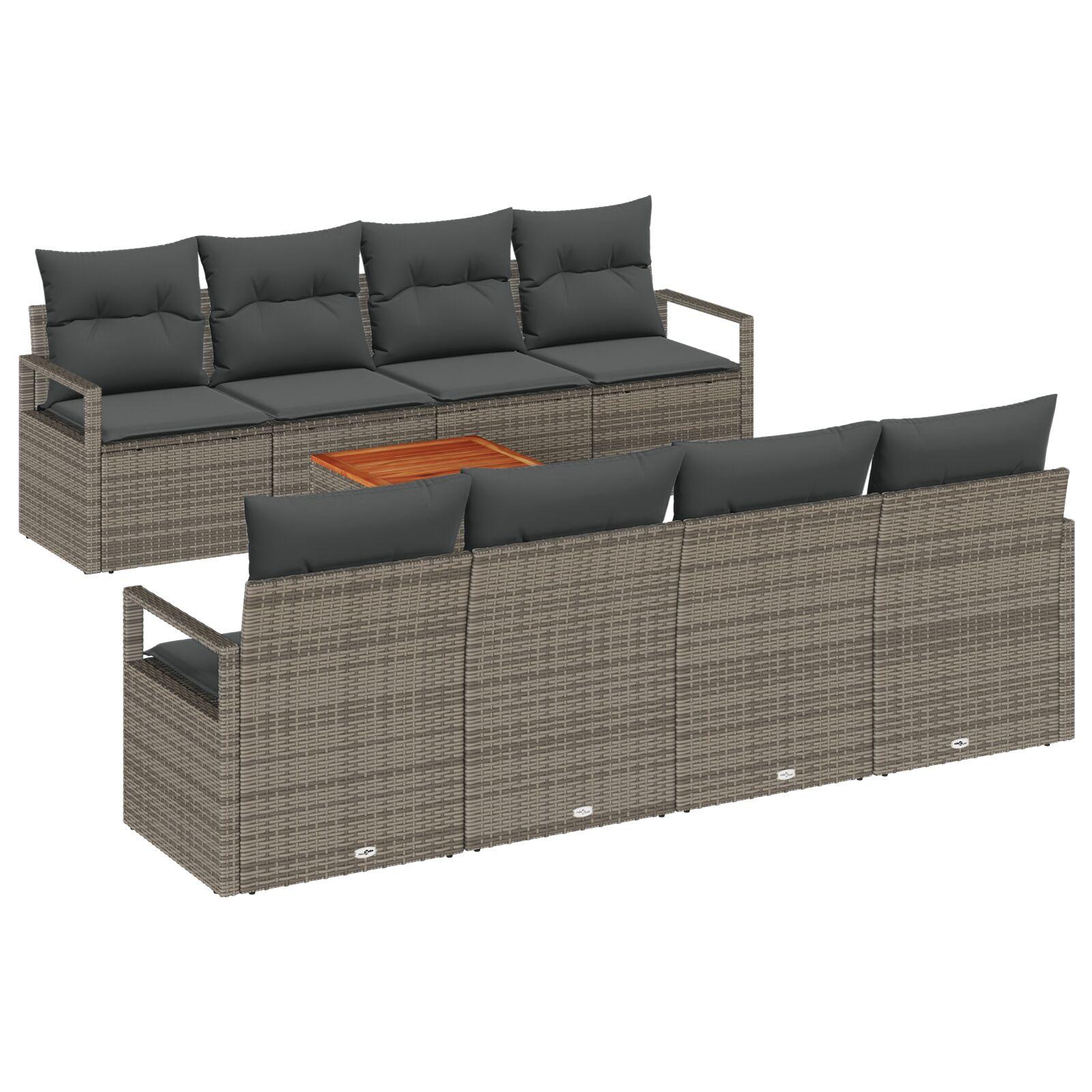 9 Personers Havemøbel Sæt med Puder Grå Poly Rattan Acacia, 2-personers Havemøbel Sofa med Puder Grå Poly Rattan