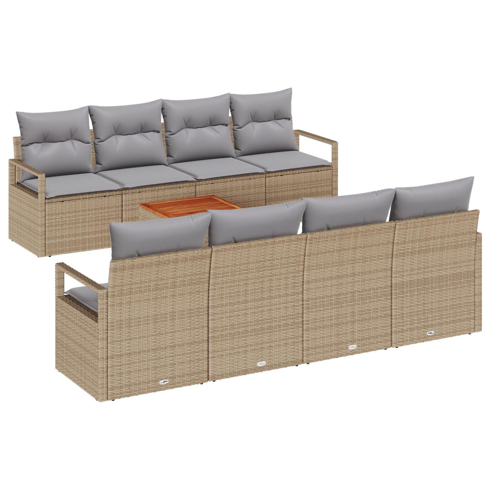 9 stk. Have Sofa Sæt med Puder Beige Poly Rattan Akacie,  2-sæders Have Sofa med Puder Beige Poly Rattan