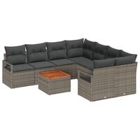 9 Stk Have Sofa Sæt med Puder Grå Poly Rattan Akacietræ, 2-Sæders Have Sofa med Puder Grå Poly Rattan