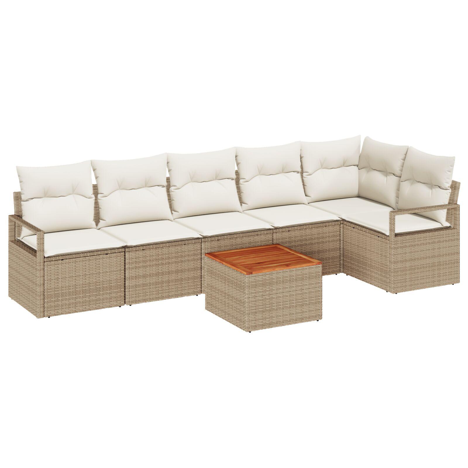 7-dele Have Sofa Sæt med Puder Beige Poly Rattan Akacia,  2-personers Have Sofa med Puder Beige Poly Rattan