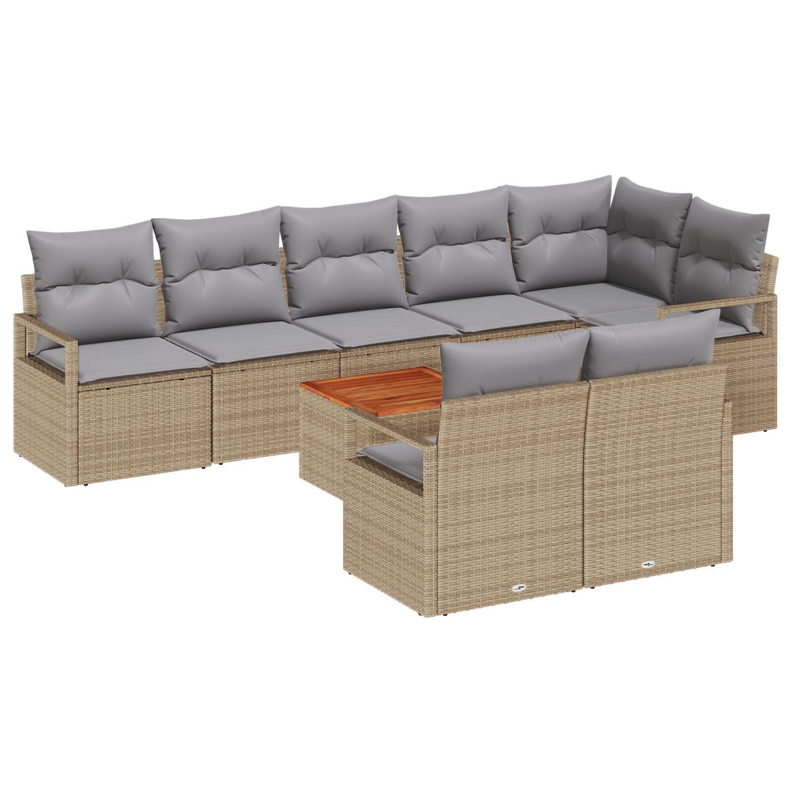 9 Delers Have Sofa Sæt med Puder Beige Poly Rattan Akacia,  2-personers Have Sofa med Puder Beige Poly Rattan