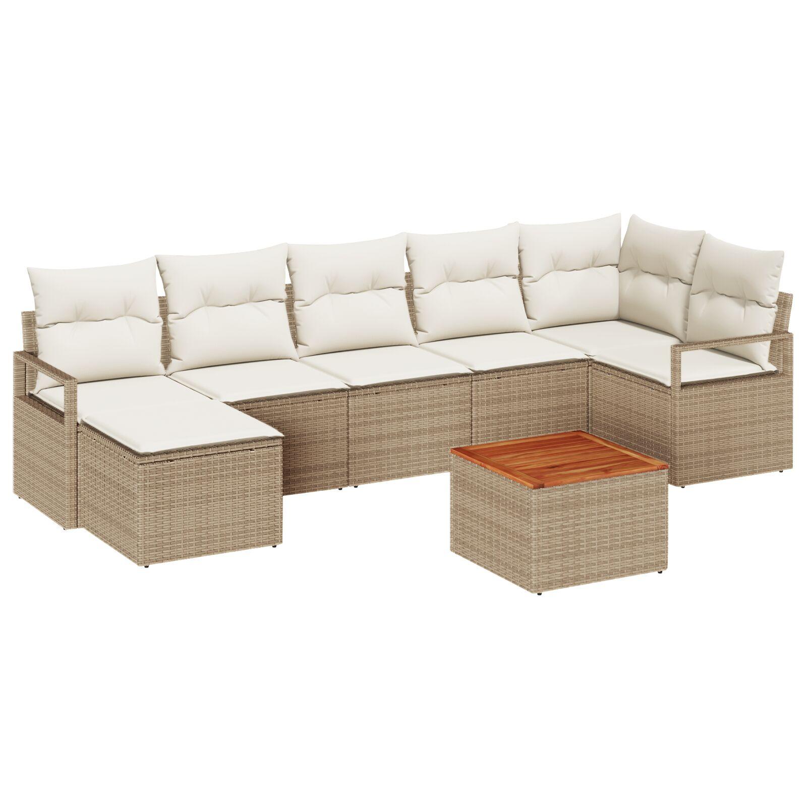8 Stykker Have Sofa Sæt med Puder Beige Poly Rattan Akacietræ,  2-Sæders Have Sofa med Puder Beige Poly Rattan