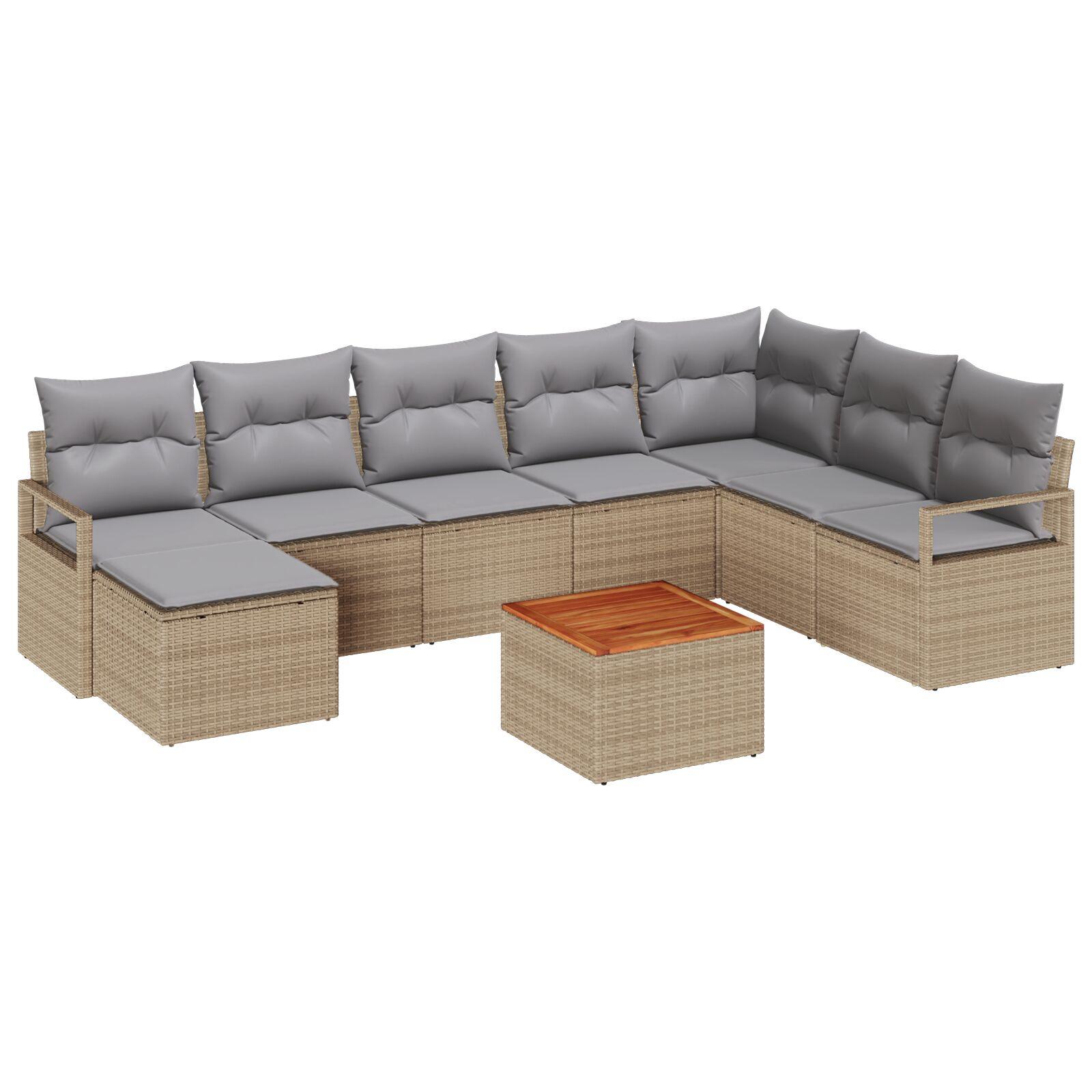 9 Stykker Have Sofa Sæt med Puder Beige Poly Rattan Akacietræ,  2-sæders Have Sofa med Puder Beige Poly Rattan