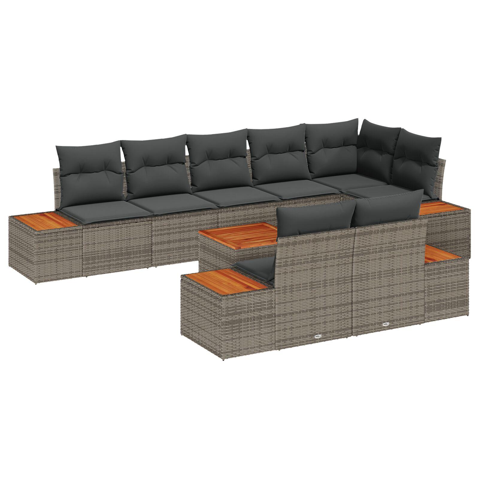 9 stk Havesofa Sæt med Puder Grå Poly Rattan Akacia