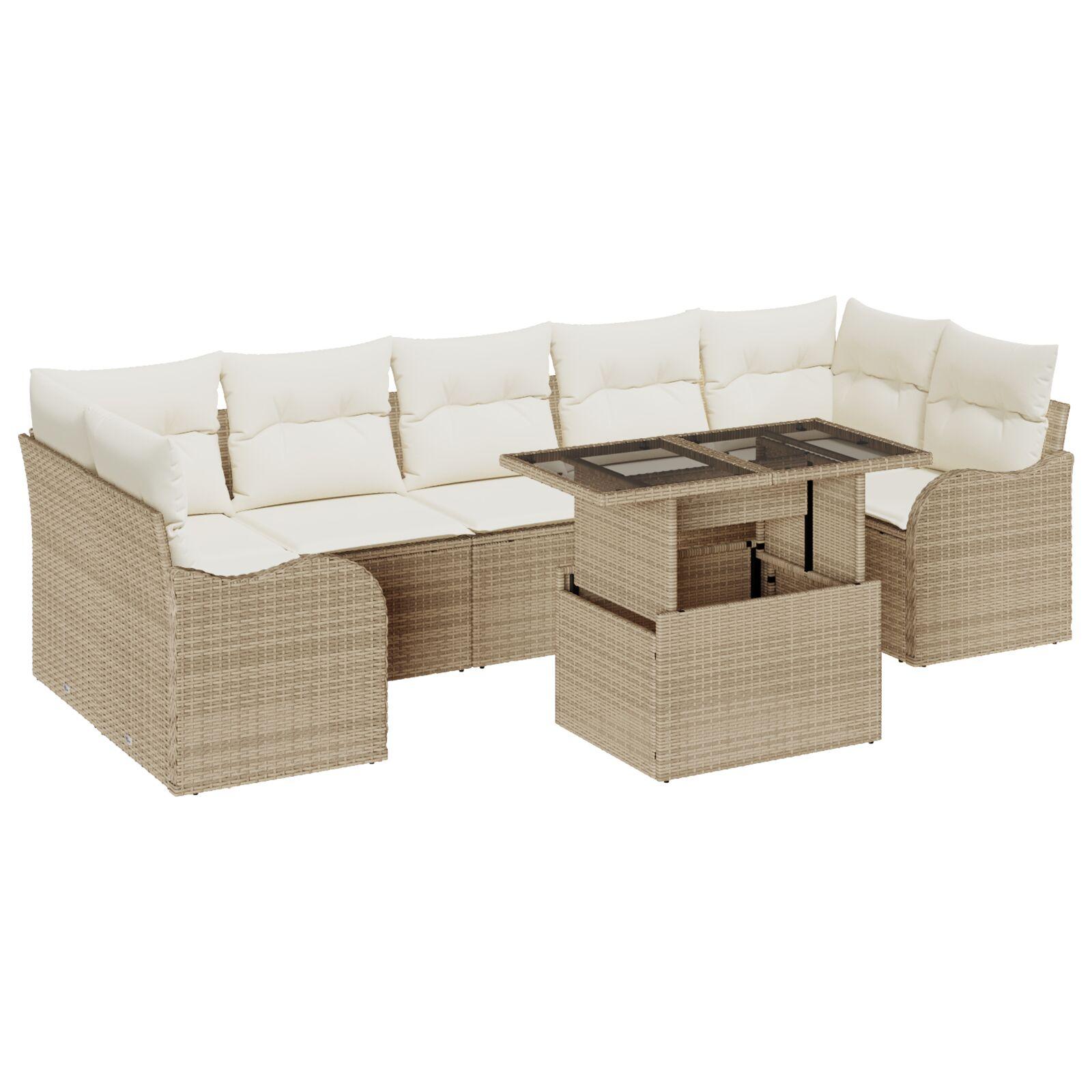 8 dele have sofa sæt med puder beige poly rattan,  2-personers sofa i haven med puder beige poly rattan
