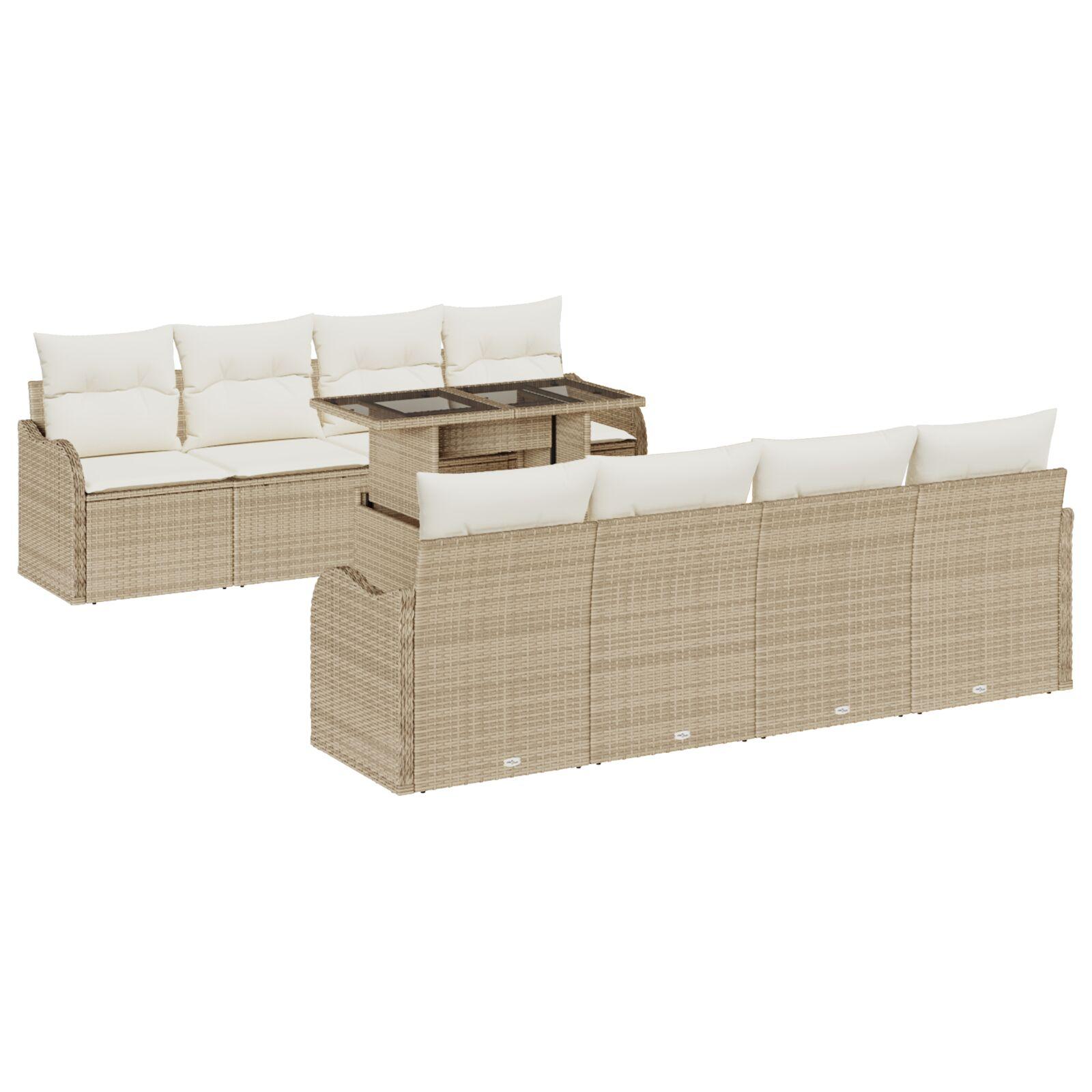 9-delers havemøbel sofa sæt med puder Beige Poly Rattan,  2-sæders havemøbel sofa med puder Beige Poly Rattan