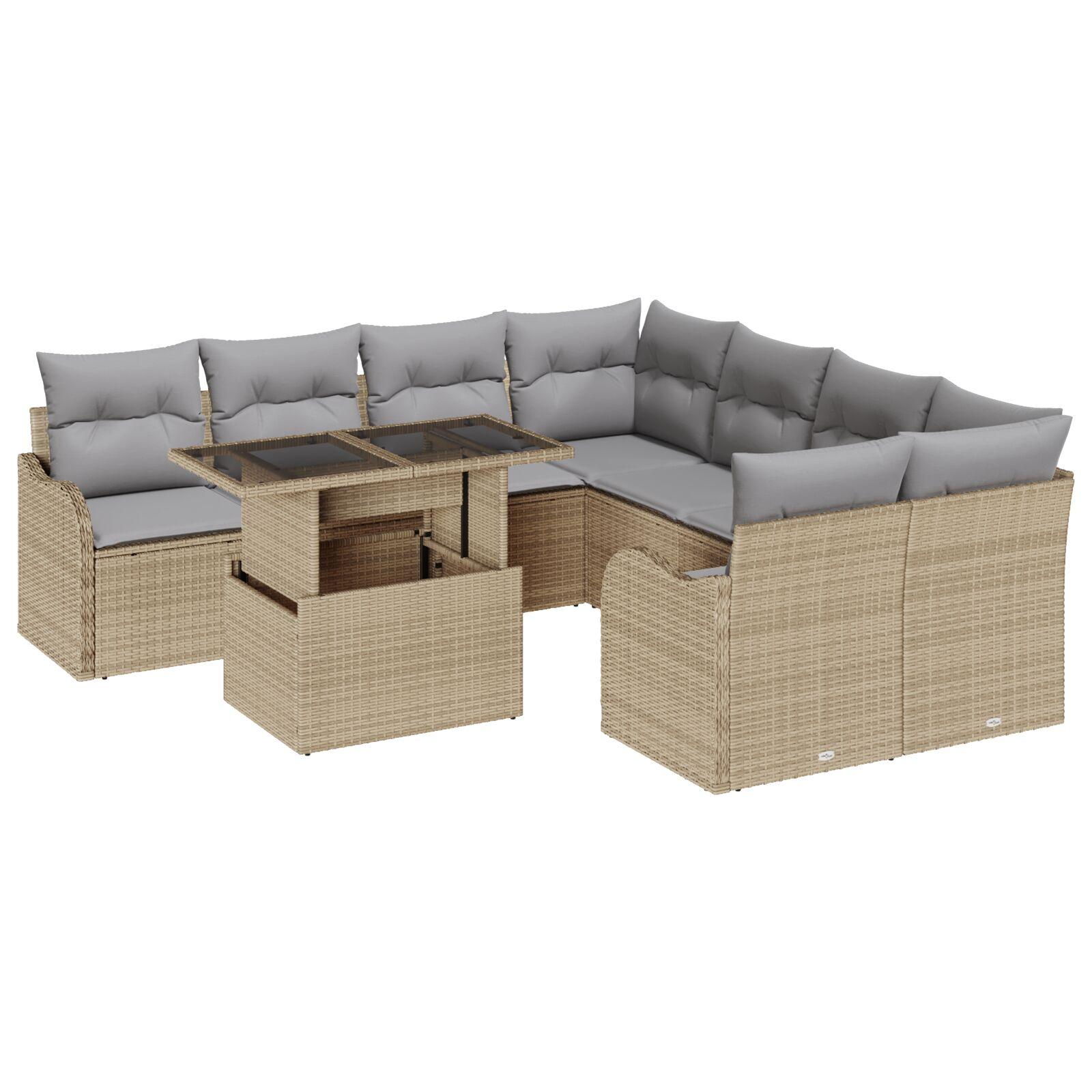 9 Delt Have Sofa Sæt med Puder Beige Poly Rattan,  2-Personers Have Sofa med Puder Beige Poly Rattan