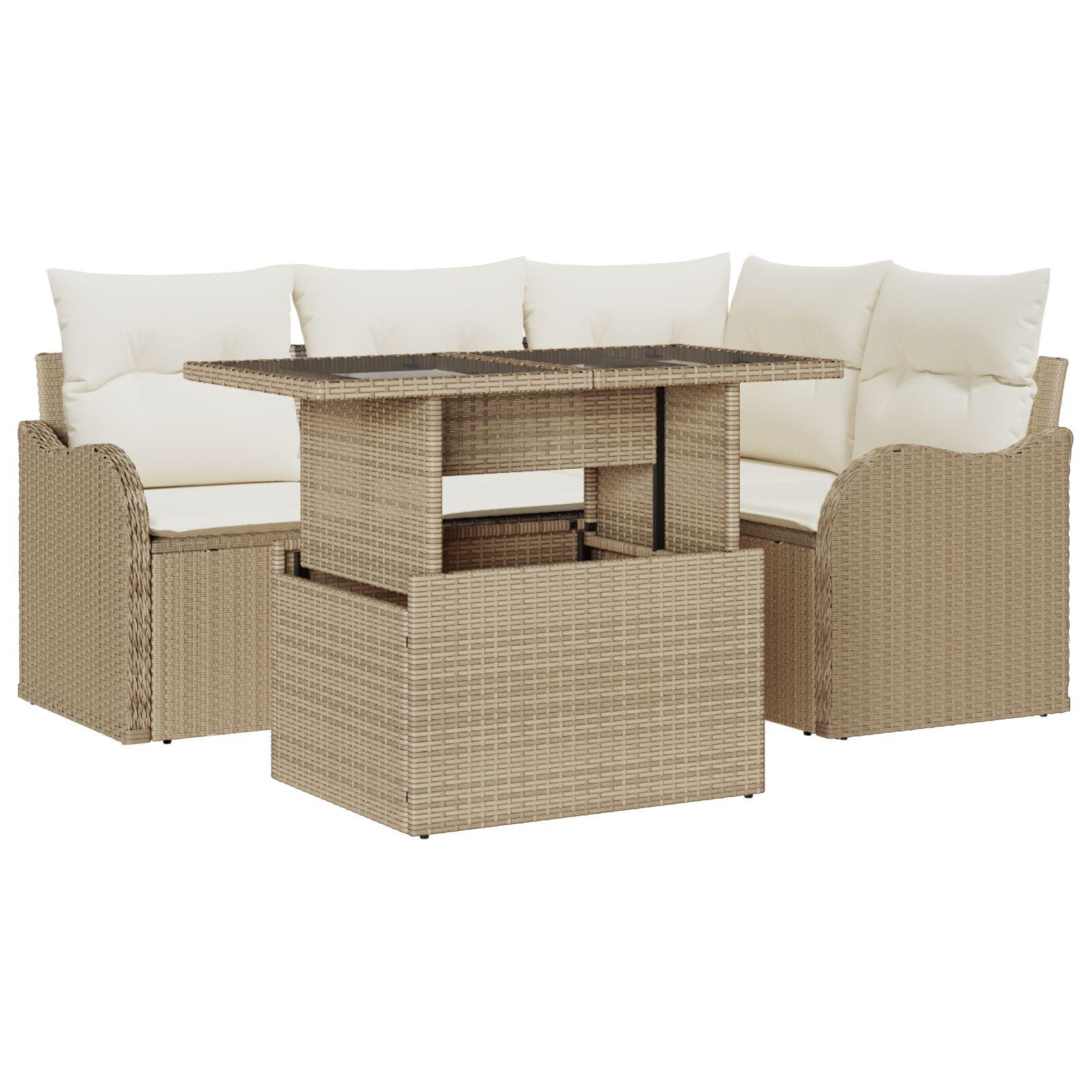 5 Stykker Have Sofa Sæt med Puder Beige Poly Rattan,  2-Personers Have Sofa med Puder Beige Poly Rattan