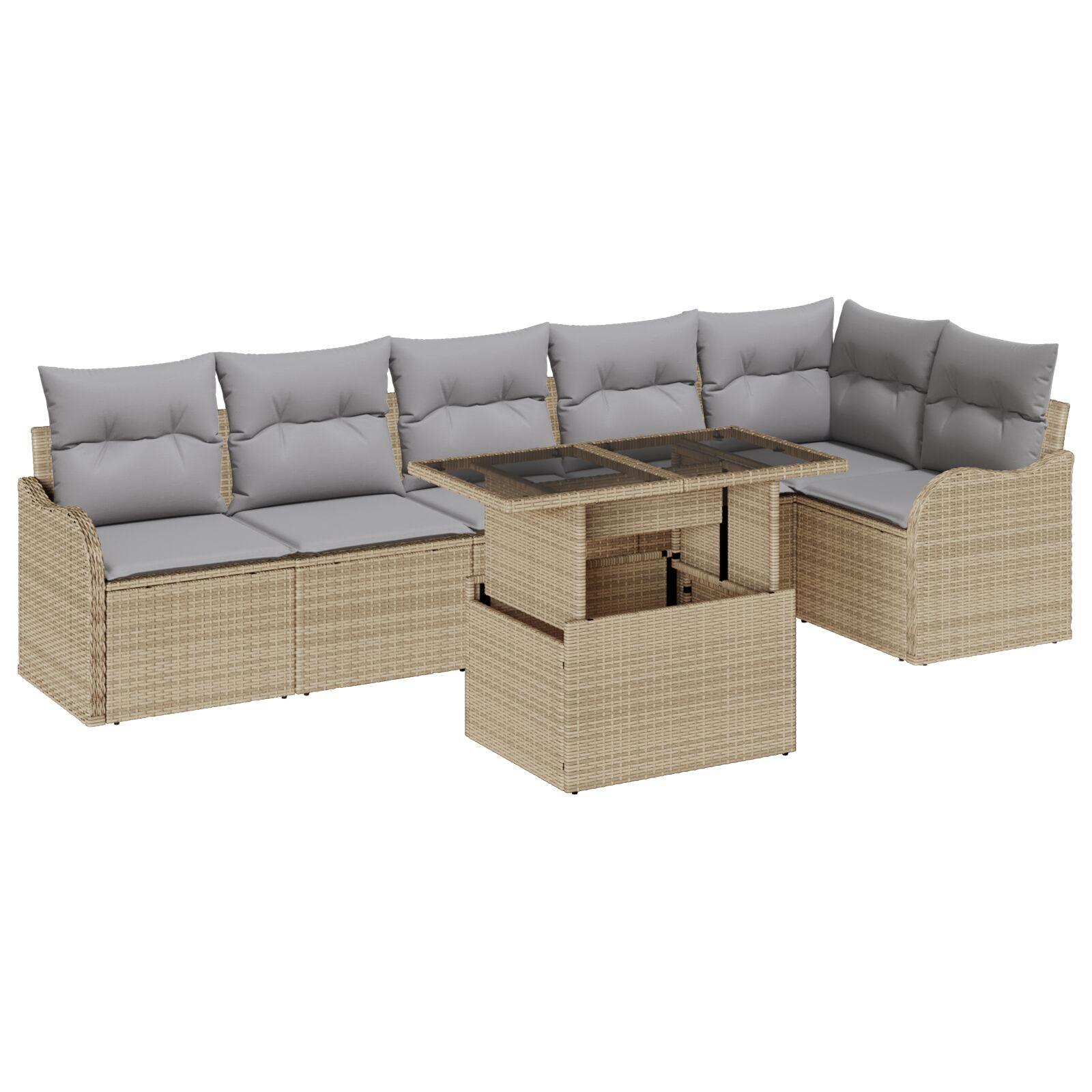 7 Piece Have Sofa Sæt med Puder Beige Poly Rattan,  2-personers Have Sofa med Puder Beige Poly Rattan
