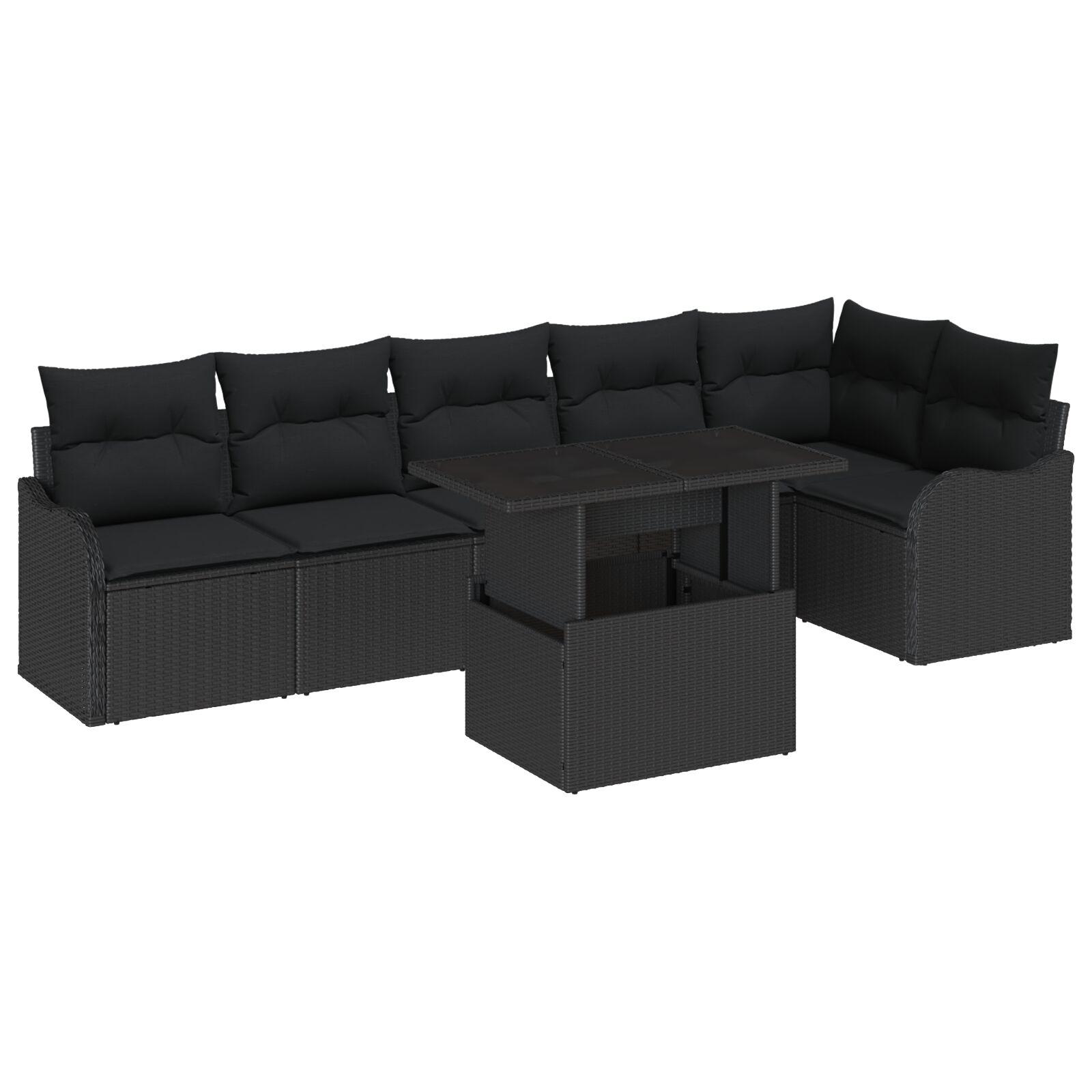 7-delt Have Sofa Sæt med Puder Sort Poly Rattan,  2-sæders Have Sofa med Puder Sort Poly Rattan