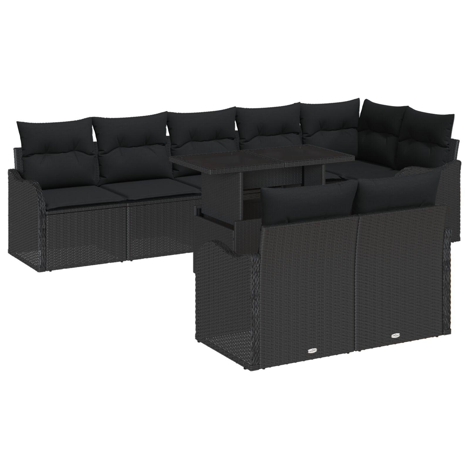 9-delt Have Sofa Sæt med Puder Sort Poly Rattan,  2-personers Have Sofa med Puder Sort Poly Rattan