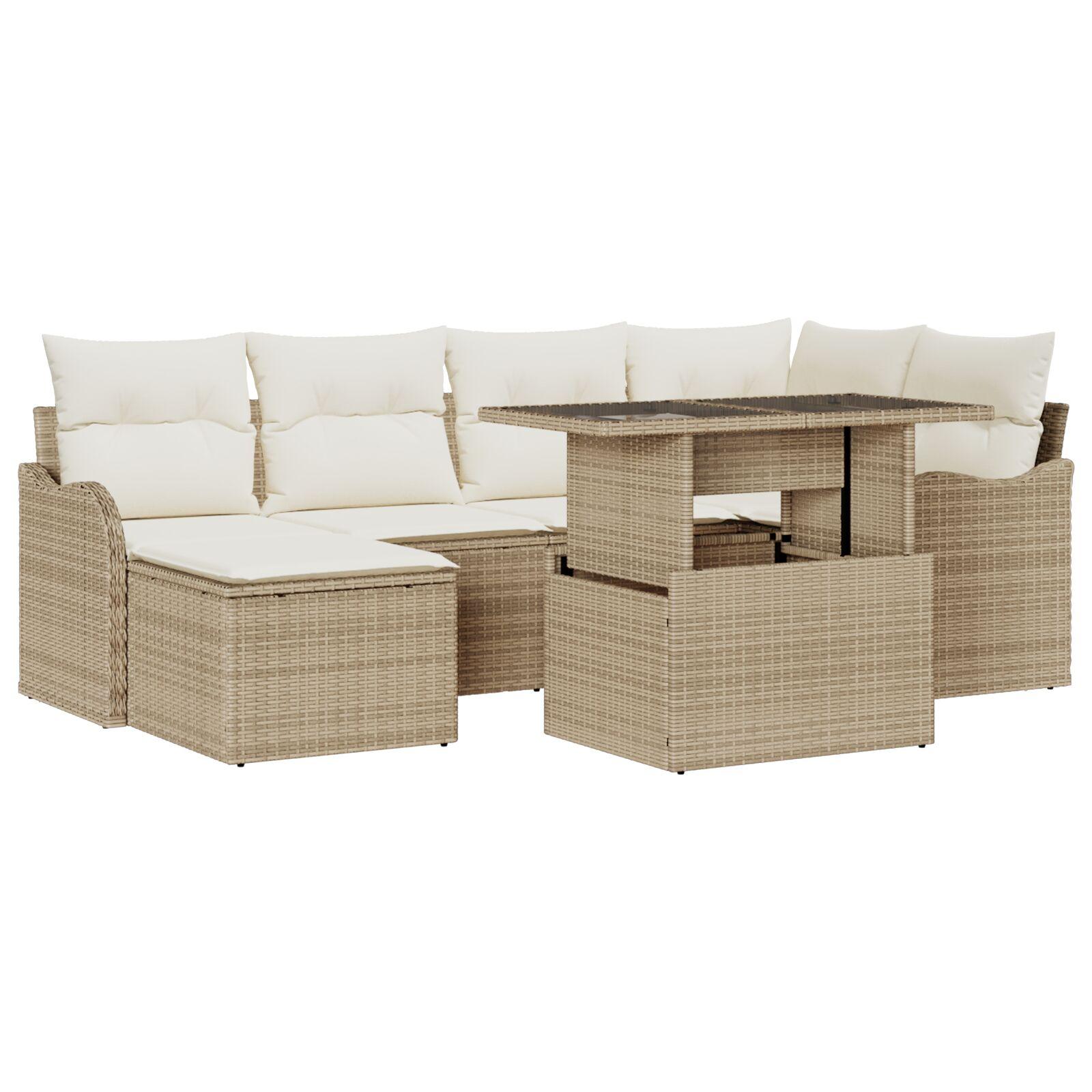 7 Personers Havesofa Sæt med Puder Beige Poly Rattan,  2-personers Havesofa med Puder Beige Poly Rattan