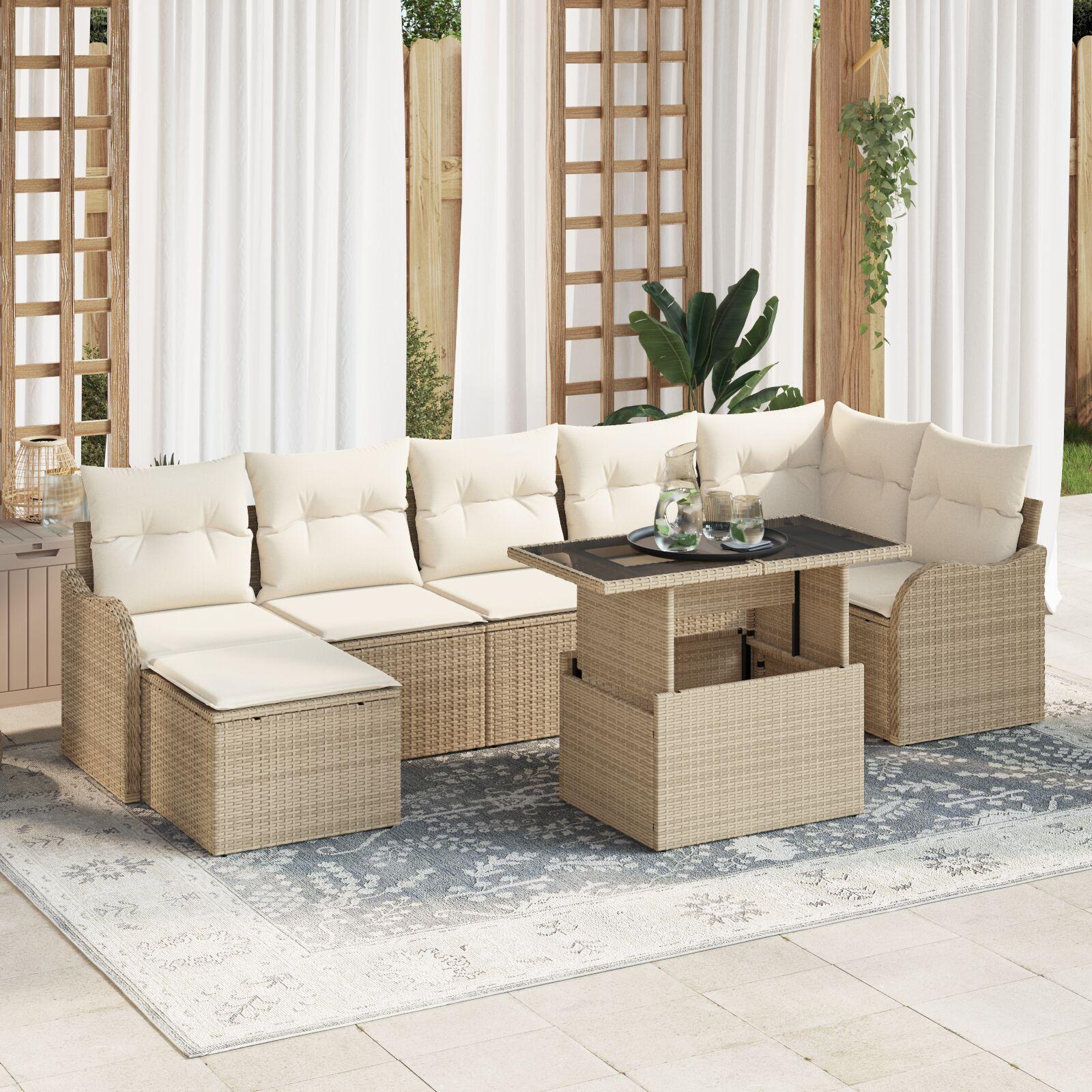 8 Piece Havesofa Sæt med Puder Beige Poly Rattan,  2-Personers Havesofa med Puder Beige Poly Rattan