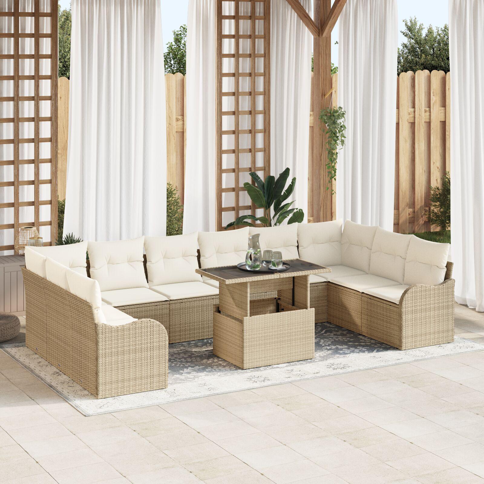 11 Piece Have Sofa Sæt med Puder Beige Poly Rattan,  2-personers Have Sofa med Puder Beige Poly Rattan