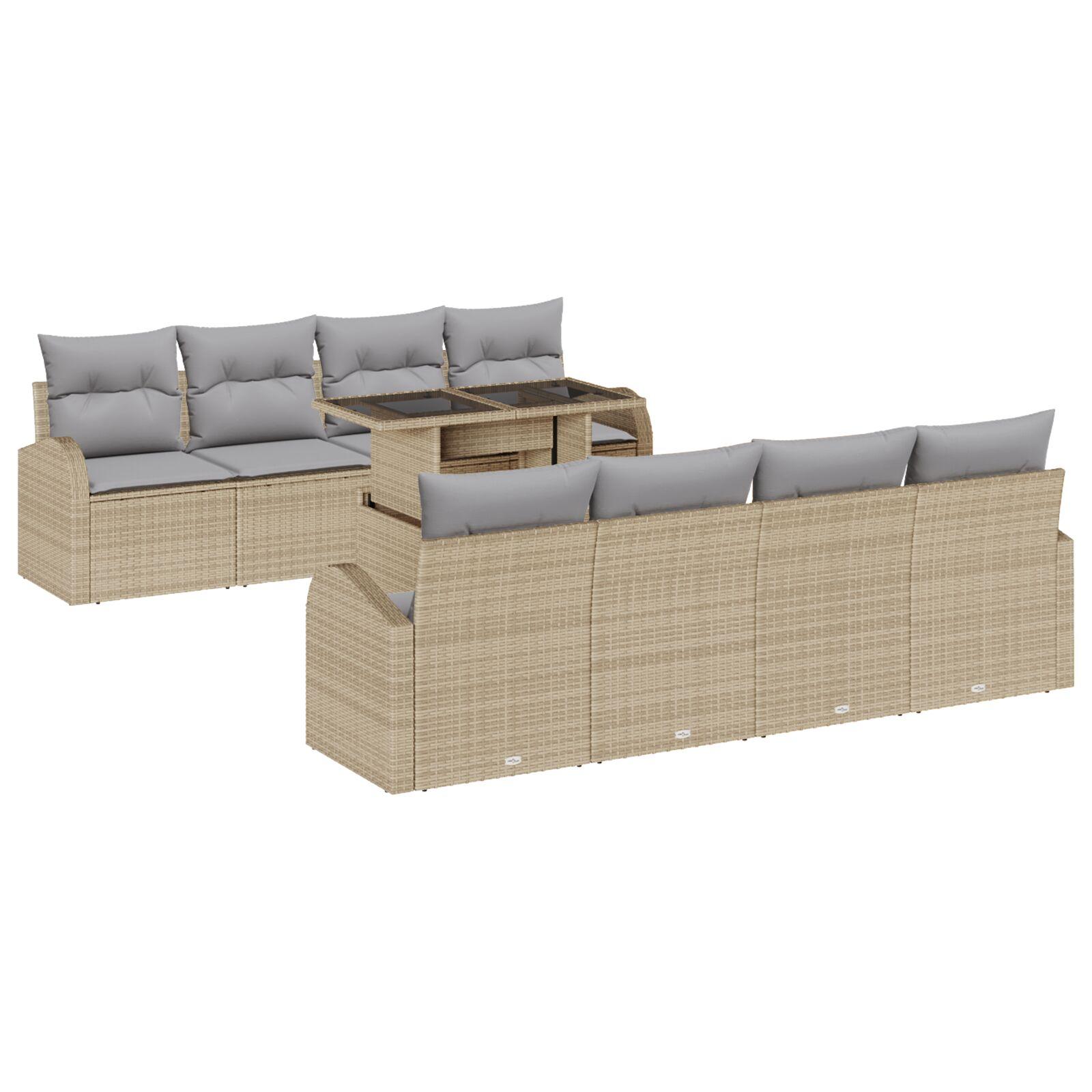 9 dele havesofa sæt med puder beige poly rattan