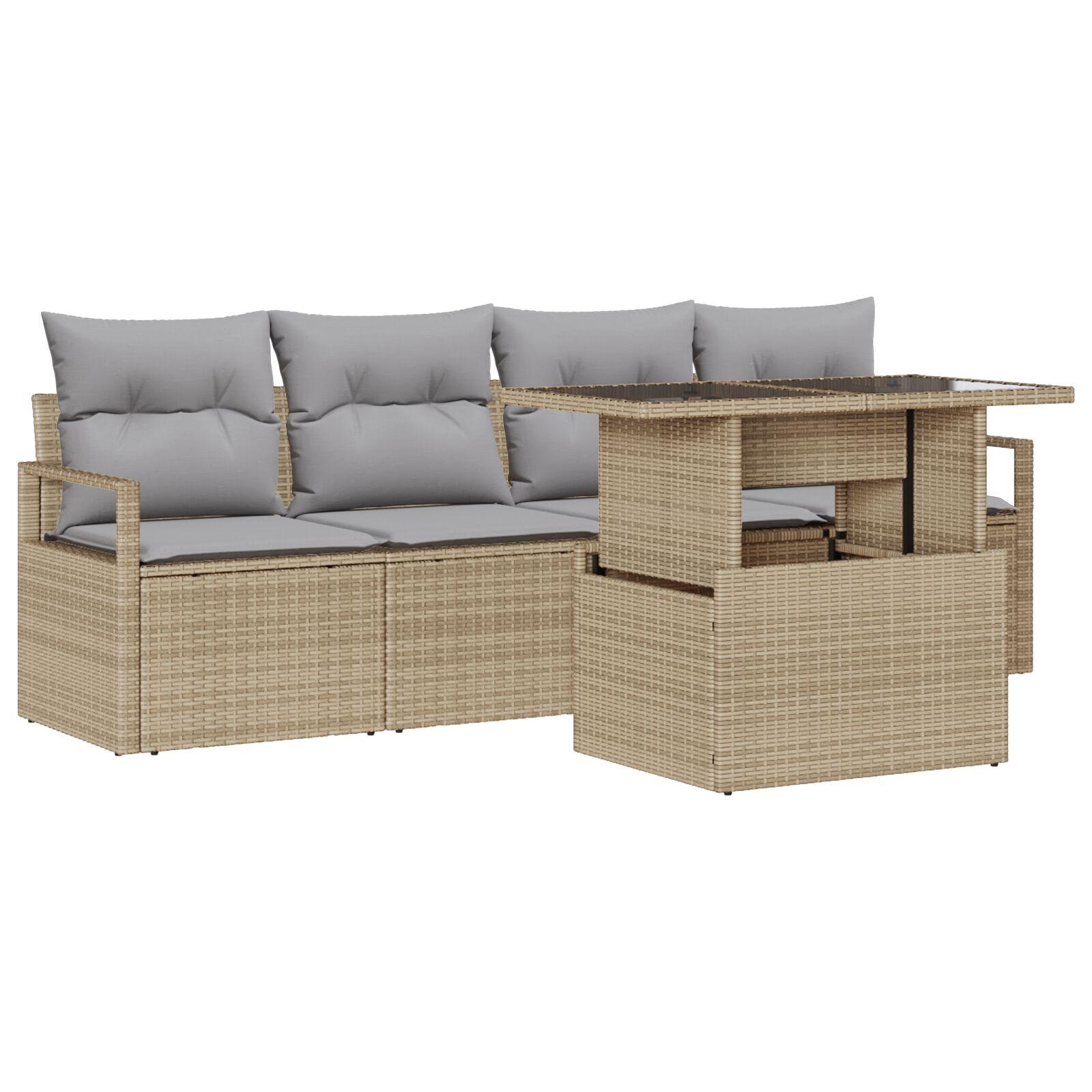 5-delt havnesofa sæt med puder beige polyrattan,  2-personers havnesofa med puder beige polyrattan