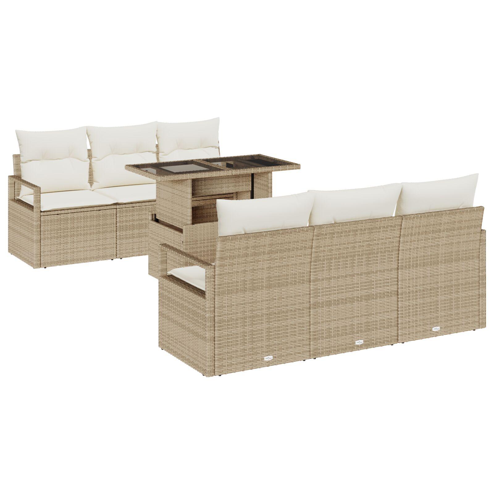 7 Delers Have Sofa Sæt med Puder Beige Poly Rattan,  2-Sæders Have Sofa med Puder Beige Poly Rattan