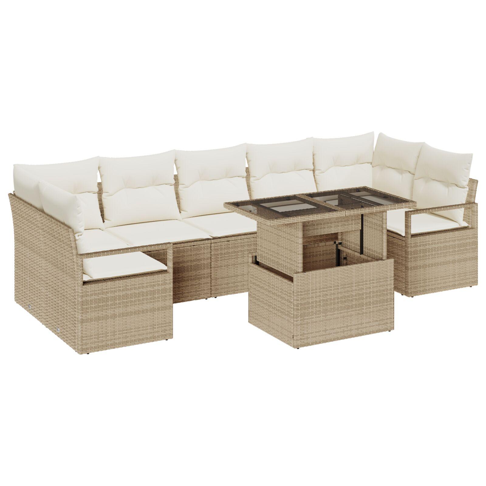 8-delt havemøbel sæt med hynder Beige Poly Rattan,  2-personers havemøbel med hynder Beige Poly Rattan
