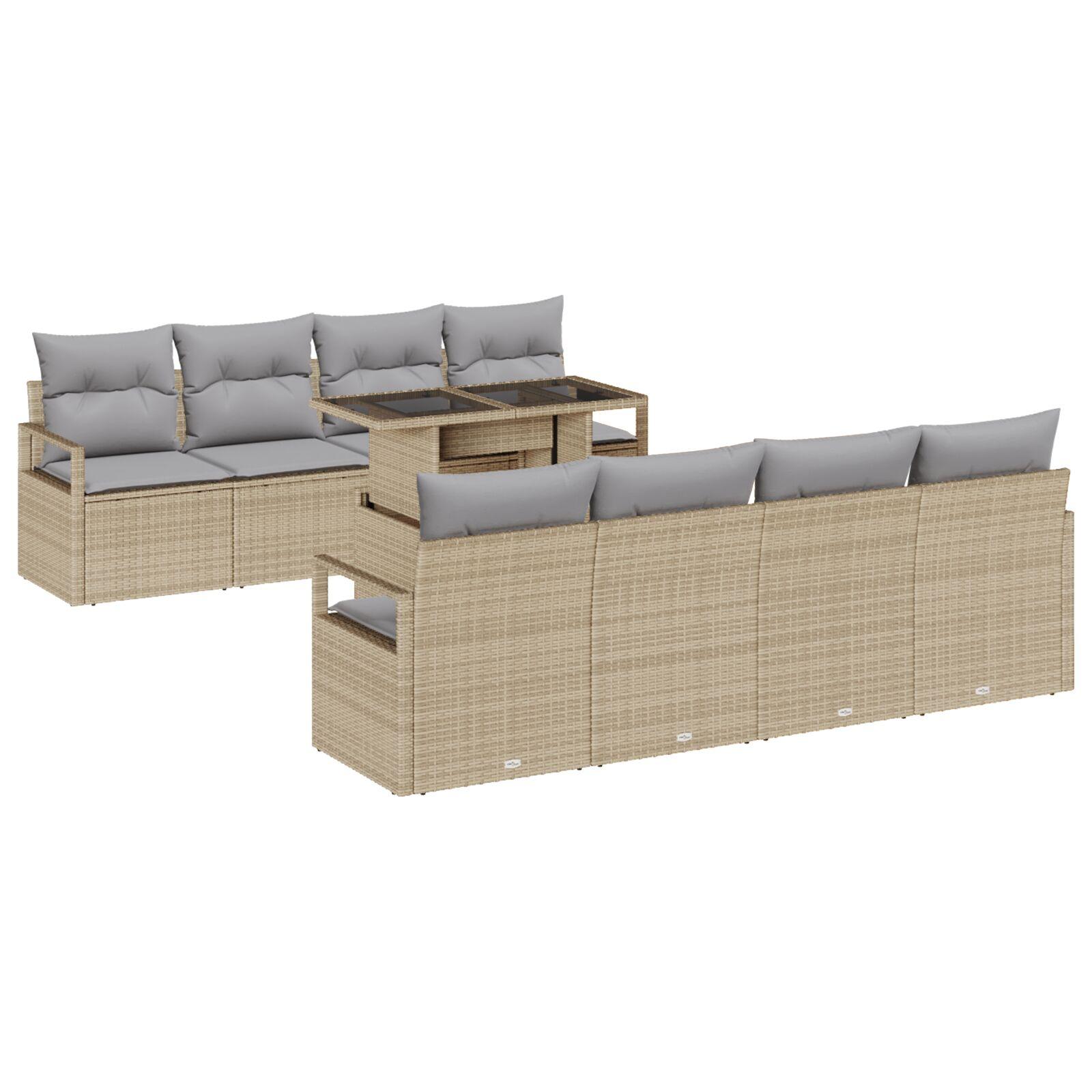 9 Stykke Havemøbel Sæt med Puder Beige Poly Rattan,  2-personers Havemøbel Sofa med Puder Beige Poly Rattan