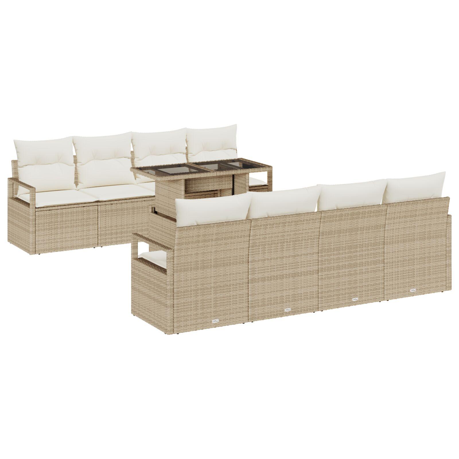 9 Piece Have Sofa Sæt med Puder Beige Polyrattan,  2-Personers Have Sofa med Puder Beige Polyrattan