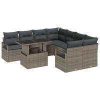 9-del have sofa sæt med puder grå poly rattan, 2-personers have sofa med puder grå poly rattan