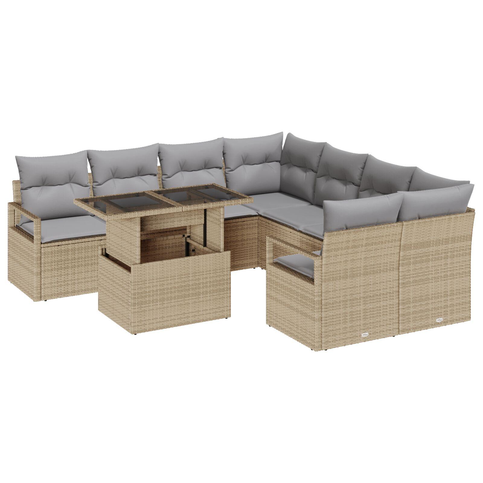 9-Personers Have Sofa Sæt med Puder Beige Poly Rattan,  2-Sæders Have Sofa med Puder Beige Poly Rattan