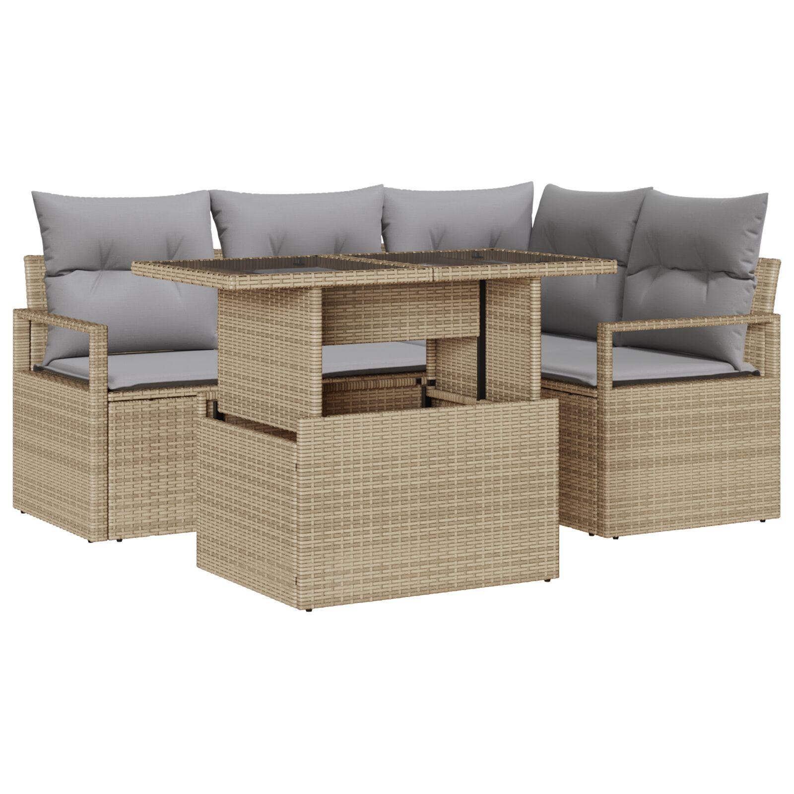 5 Deles Have Sofa Sæt med Puder Beige Poly Rattan,  2-Personers Have Sofa med Puder Beige Poly Rattan