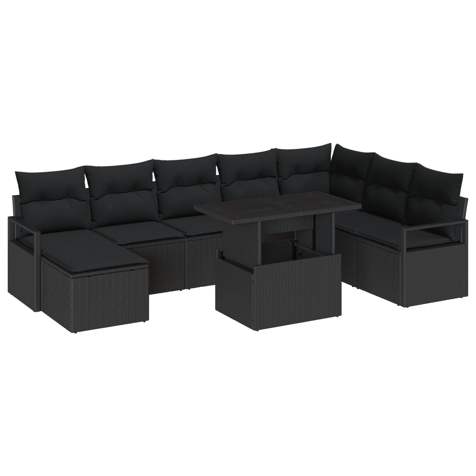 9 Piece Have Sofa Sæt med Puder Sort Poly Rattan,  2-personers have sofa med puder Sort Poly Rattan
