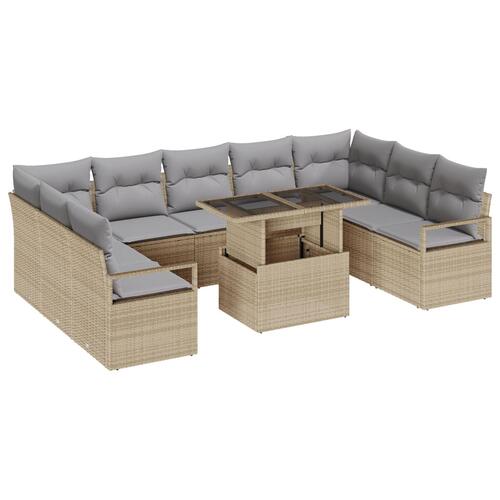 10 stk have sofa sæt med puder beige polyrattan, 2-personers have sofa med puder beige polyrattan