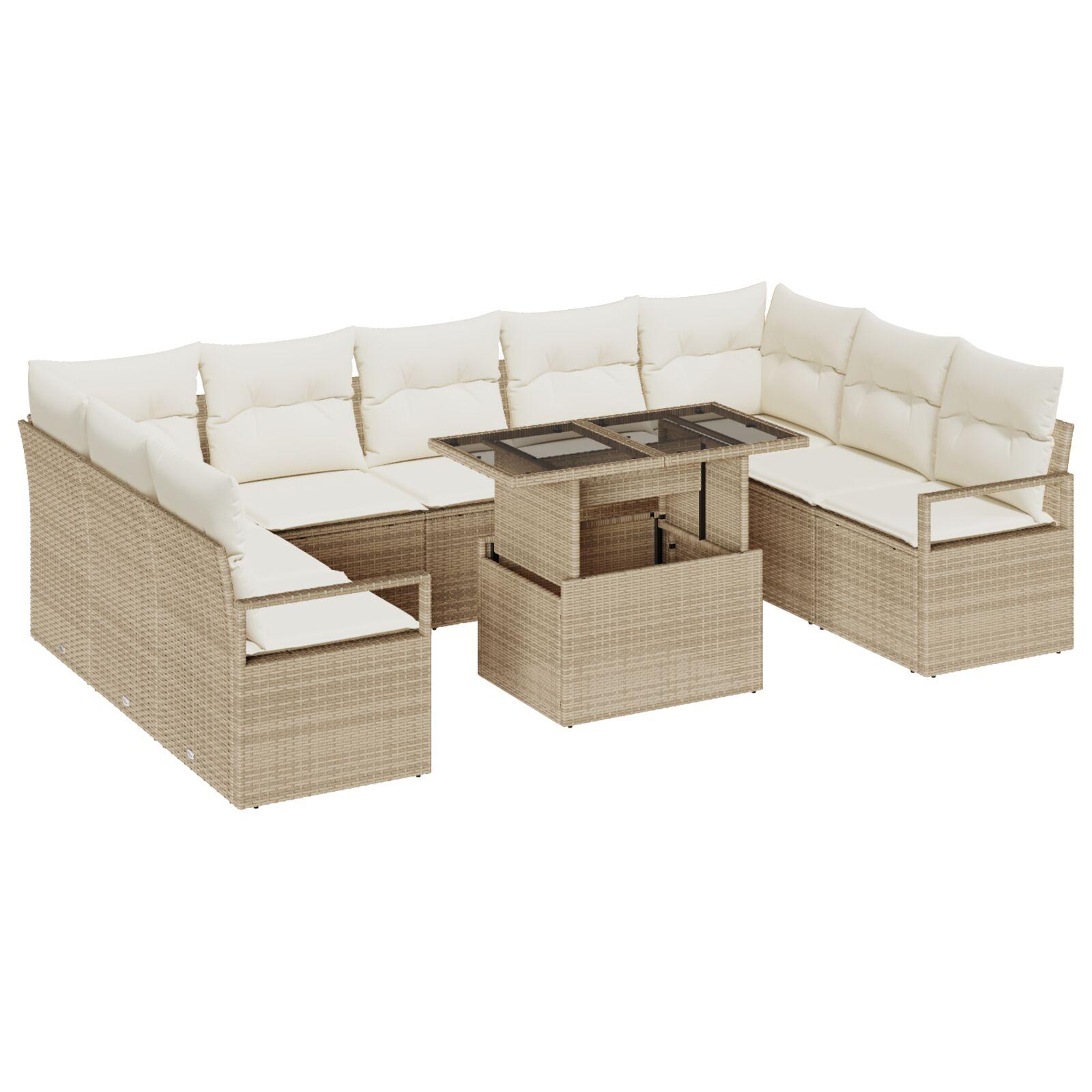 10 dele Havesofa Sæt med Puder Beige Poly Rattan,  2-Sæders Havesofa med Puder Beige Poly Rattan