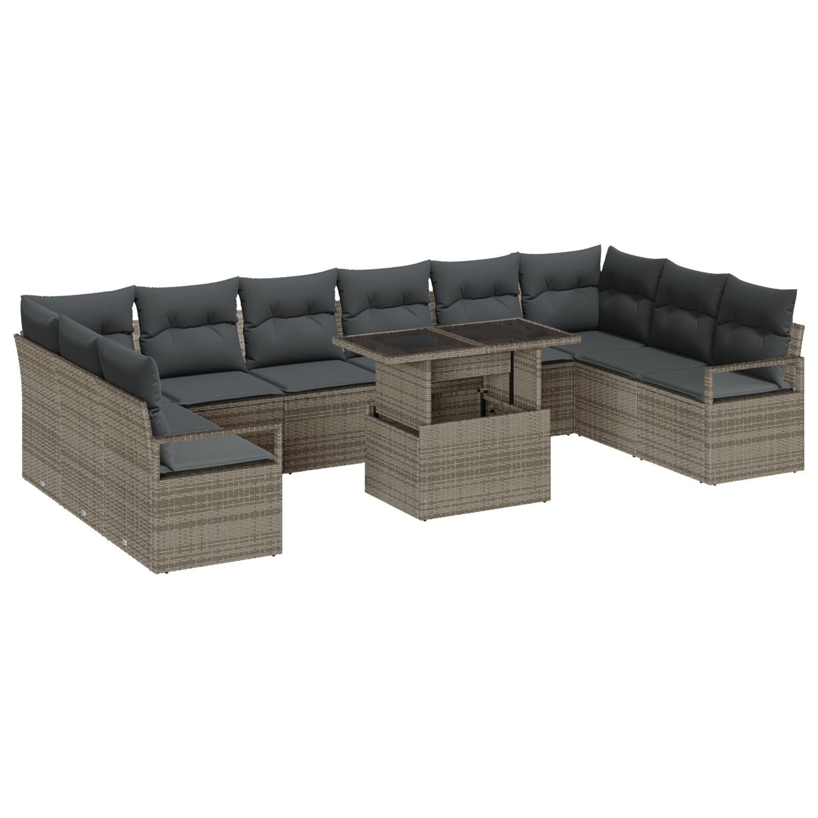 11 Piece Haven Sofa Sæt med Puder Grå Poly Rattan, 2-Personers Have Sofa med Puder Grå Poly Rattan