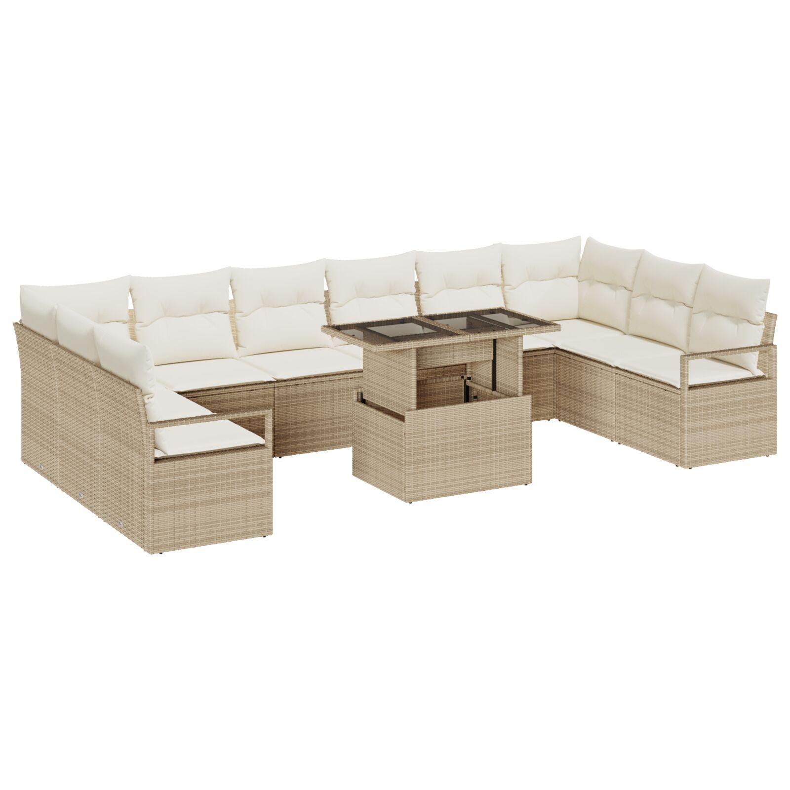11 Stk Have Sofasæt med Puder Beige Poly Rattan,  2-sæders Have Sofa med Puder Beige Poly Rattan