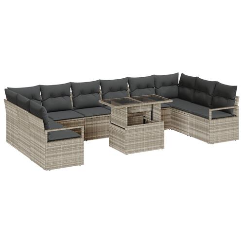 11 Delers Have Sofa Sæt med Puder Lys Grå Poly Rattan, 2-sæders Have Sofa med Puder Grå Poly Rattan