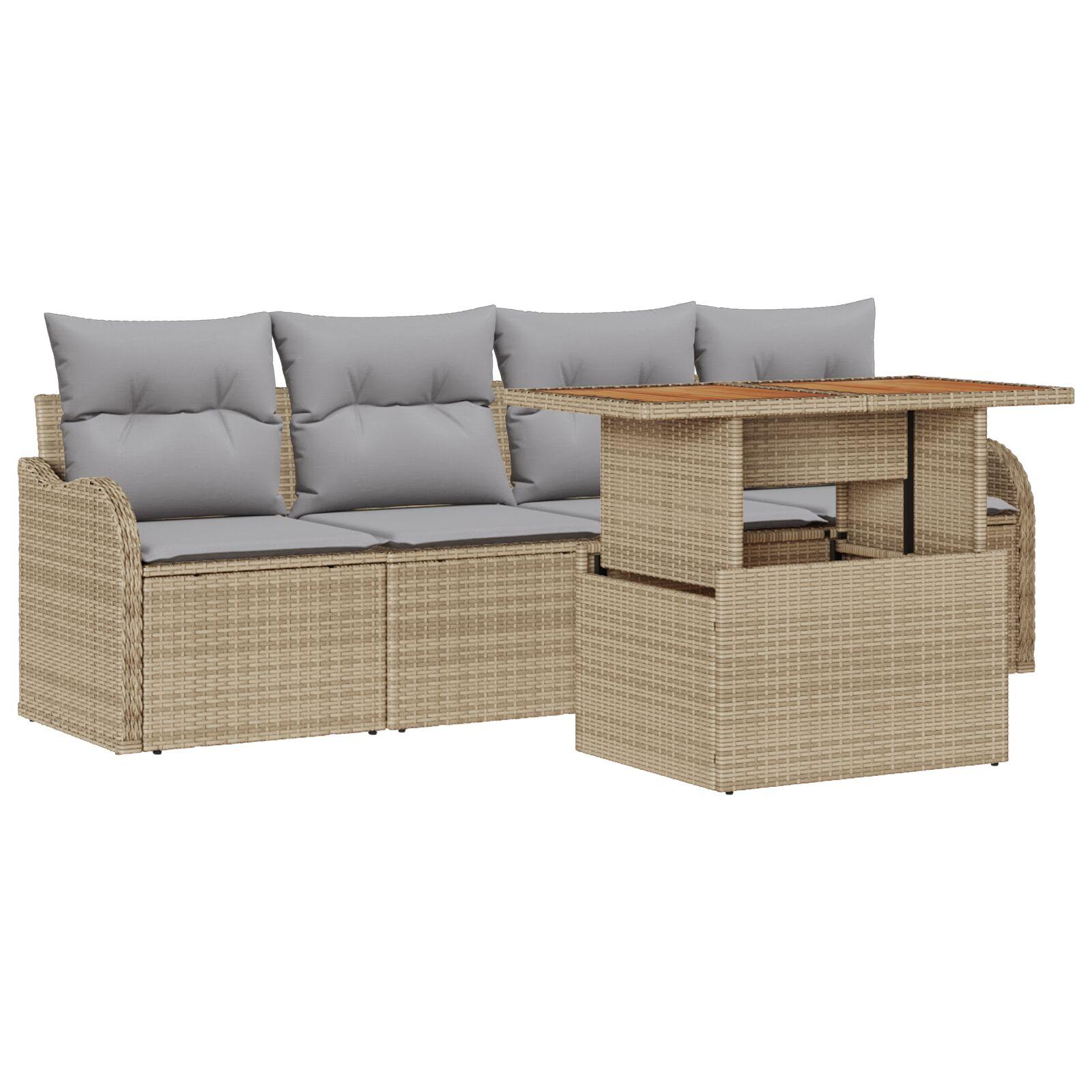 5-delt Have Sofa Sæt med Hynder Beige Poly Rattan Akacia,  2-Personers Have Sofa med Hynder Beige Poly Rattan