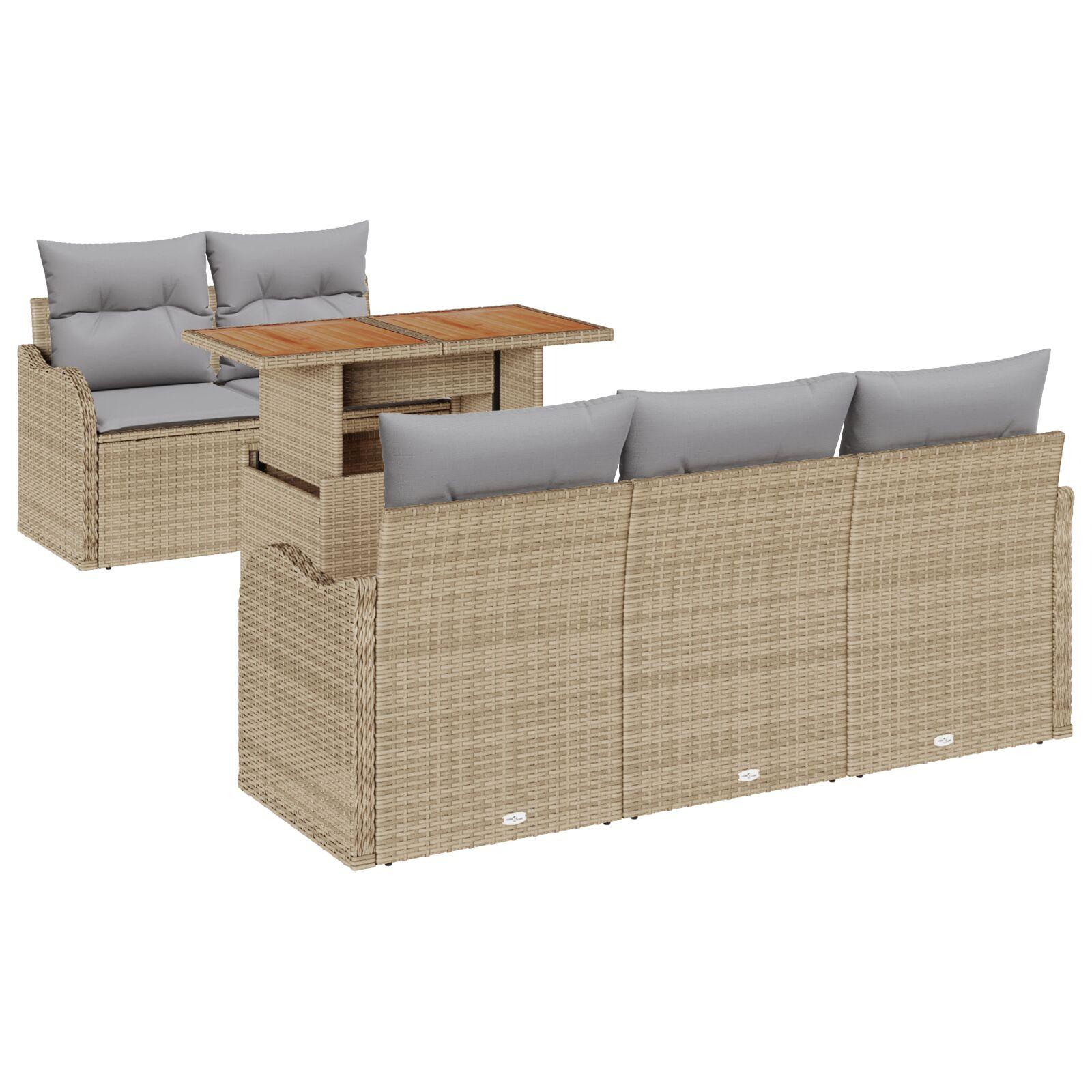6 Stykke Have Sofa Sæt med Puder Beige Poly Rattan Akacia,  2-Sæders Have Sofa med Puder Beige Poly Rattan