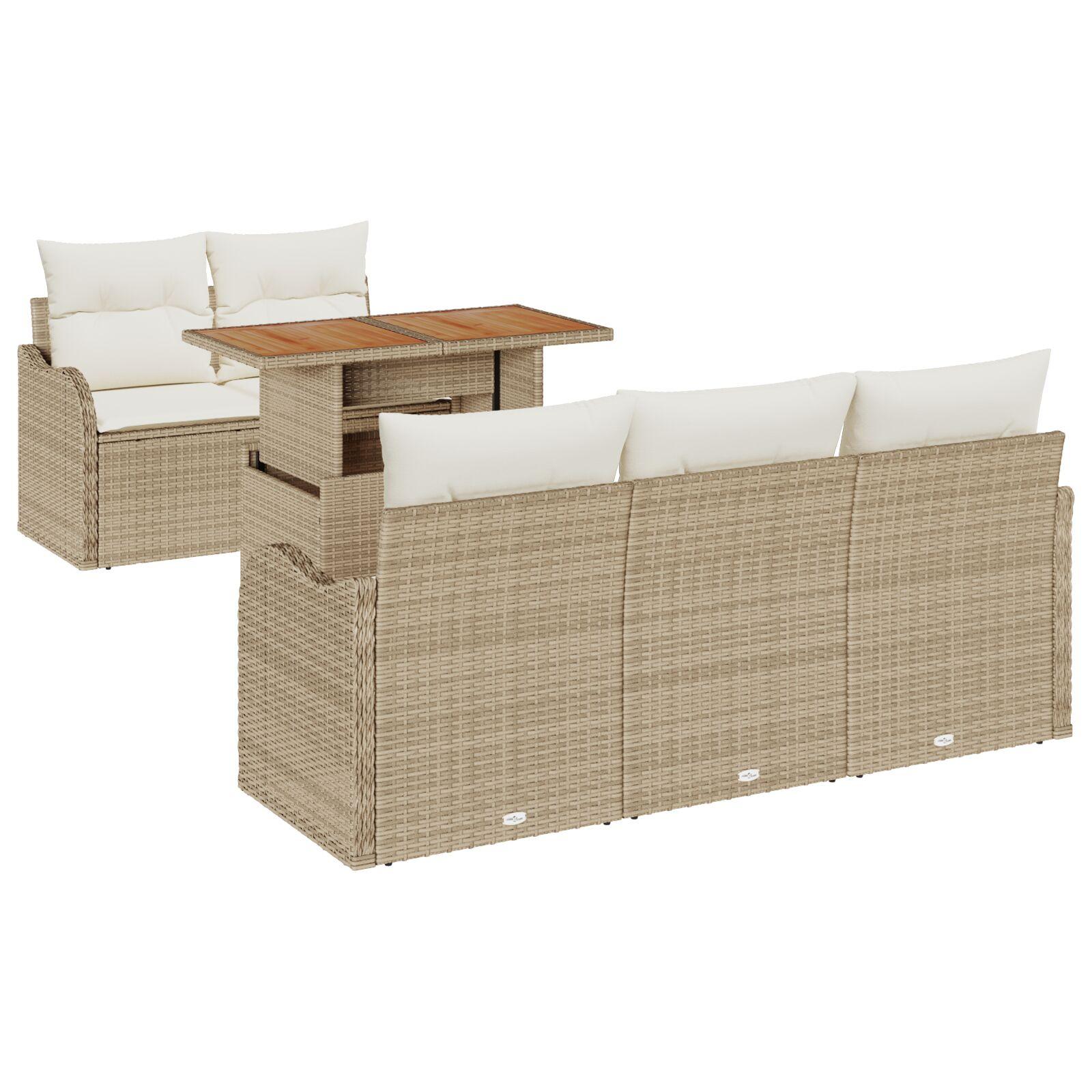 6-Personers Havemøbelsofa Sæt med Puder Beige Poly Rattan Akacietræ,  2-Personers Havemøbelsofa med Puder Beige Poly Rattan
