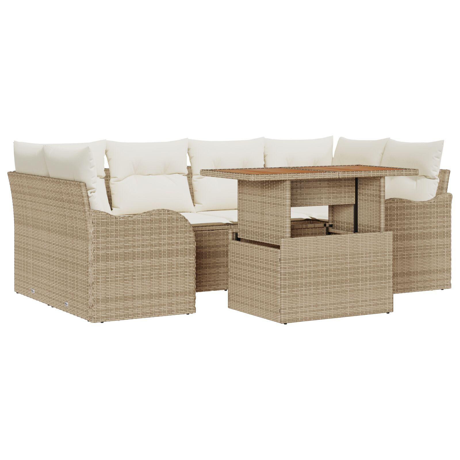 7 Stykker Have Sofa Sæt med Puder Beige Poly Rattan Acacia,  2-sæders Have Sofa med Puder Beige Poly Rattan