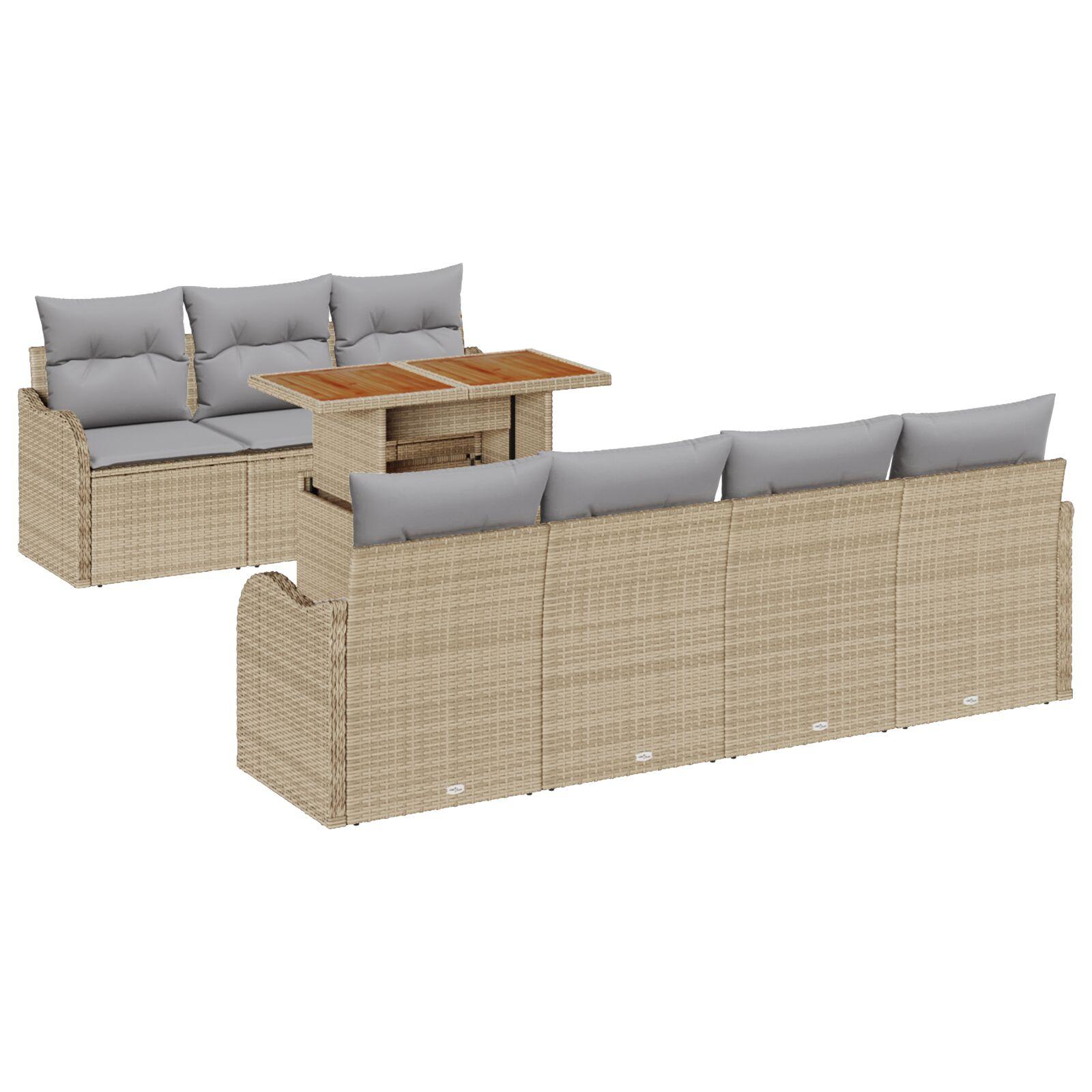 8 Stykker Have Sofa Sæt med Puder Beige Poly Rattan Akacie,  2-Sæde Have Sofa med Puder Beige Poly Rattan