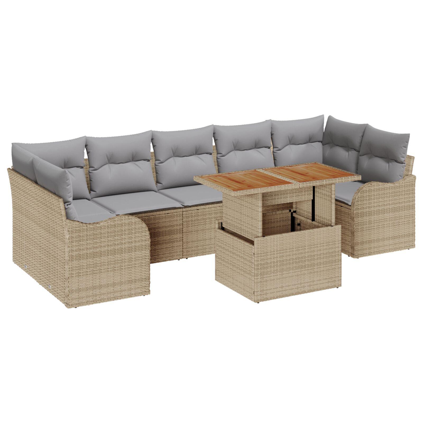 8 Deles Havesofa Sæt med Puder Beige Poly Rattan Akacia,  2-Personers Havesofa med Puder Beige Poly Rattan