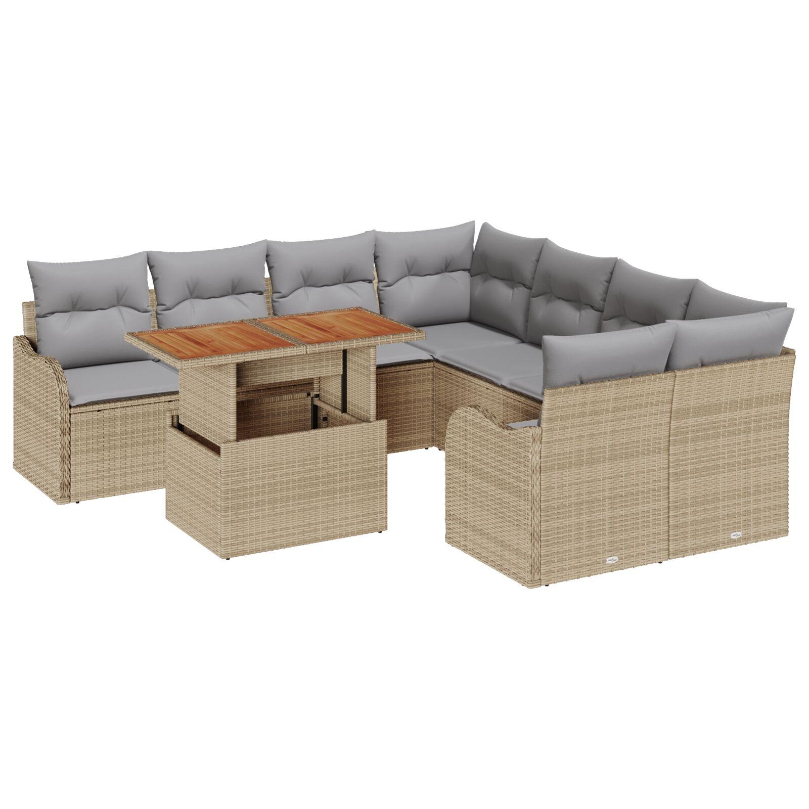 9 Personers Havesofa Sæt med Puder Beige Poly Rattan Akacia,  2-personers Havesofa med Puder Beige Poly Rattan